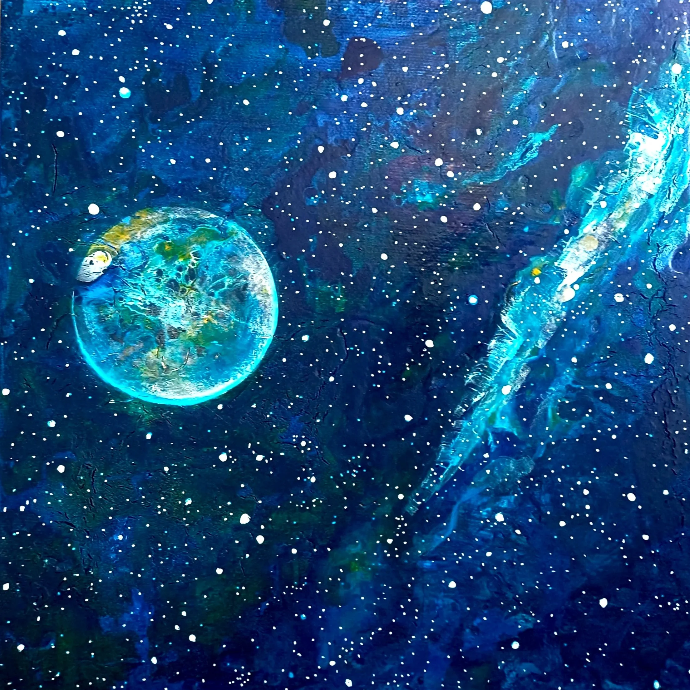 A colorful painting of space featuring Earth and a comet with a starry background.