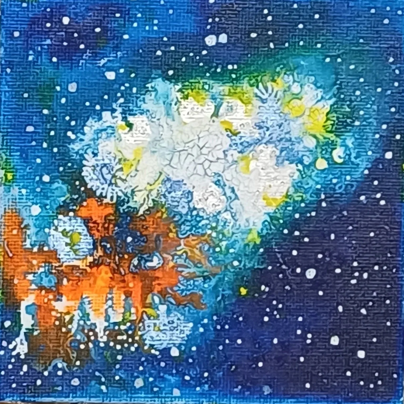 Abstract painting of the universe with colorful star clouds and cosmic elements in shades of blue, white, and orange.