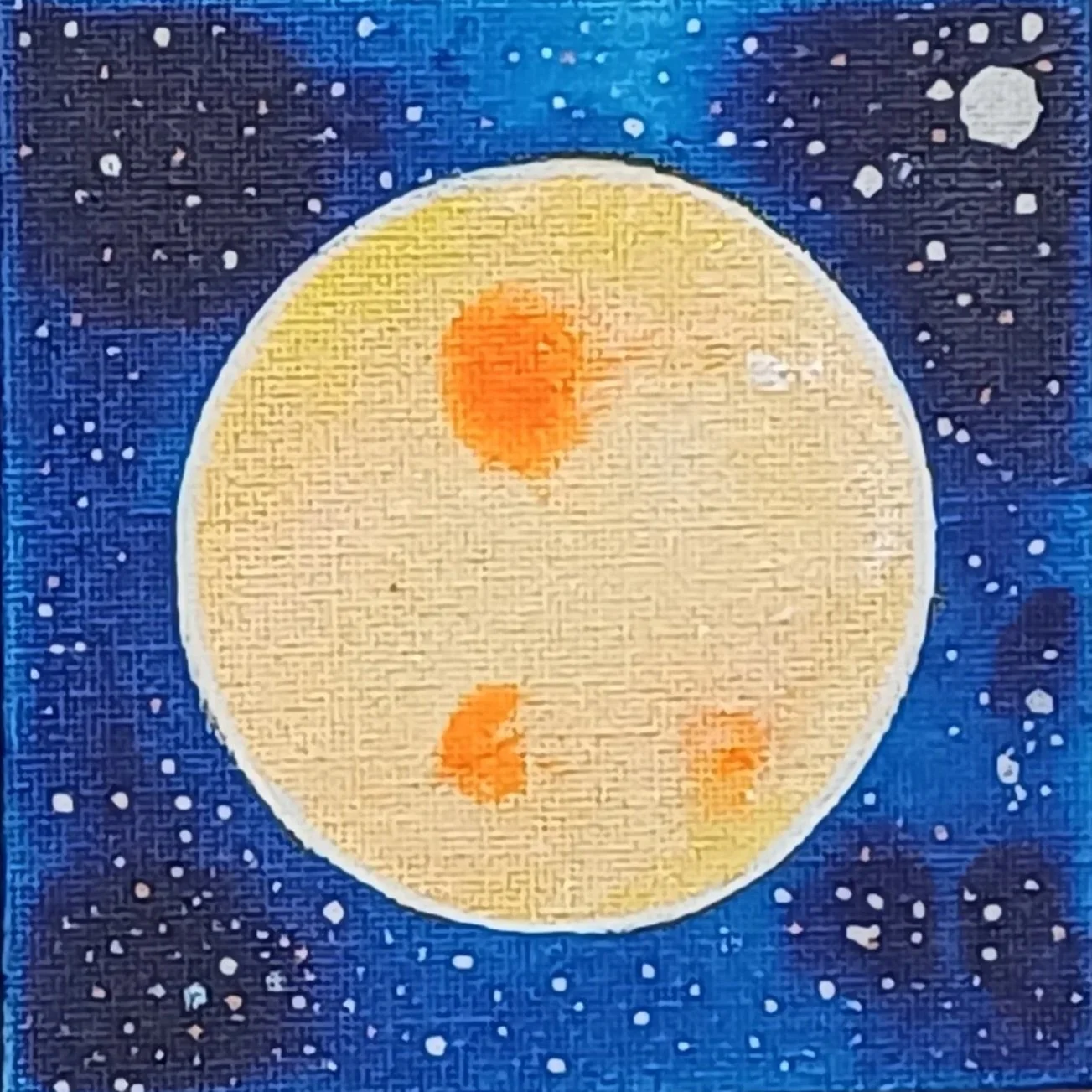 A colorful abstract painting of the moon with orange spots, surrounded by a starry sky with white and pink stars on a deep blue background.