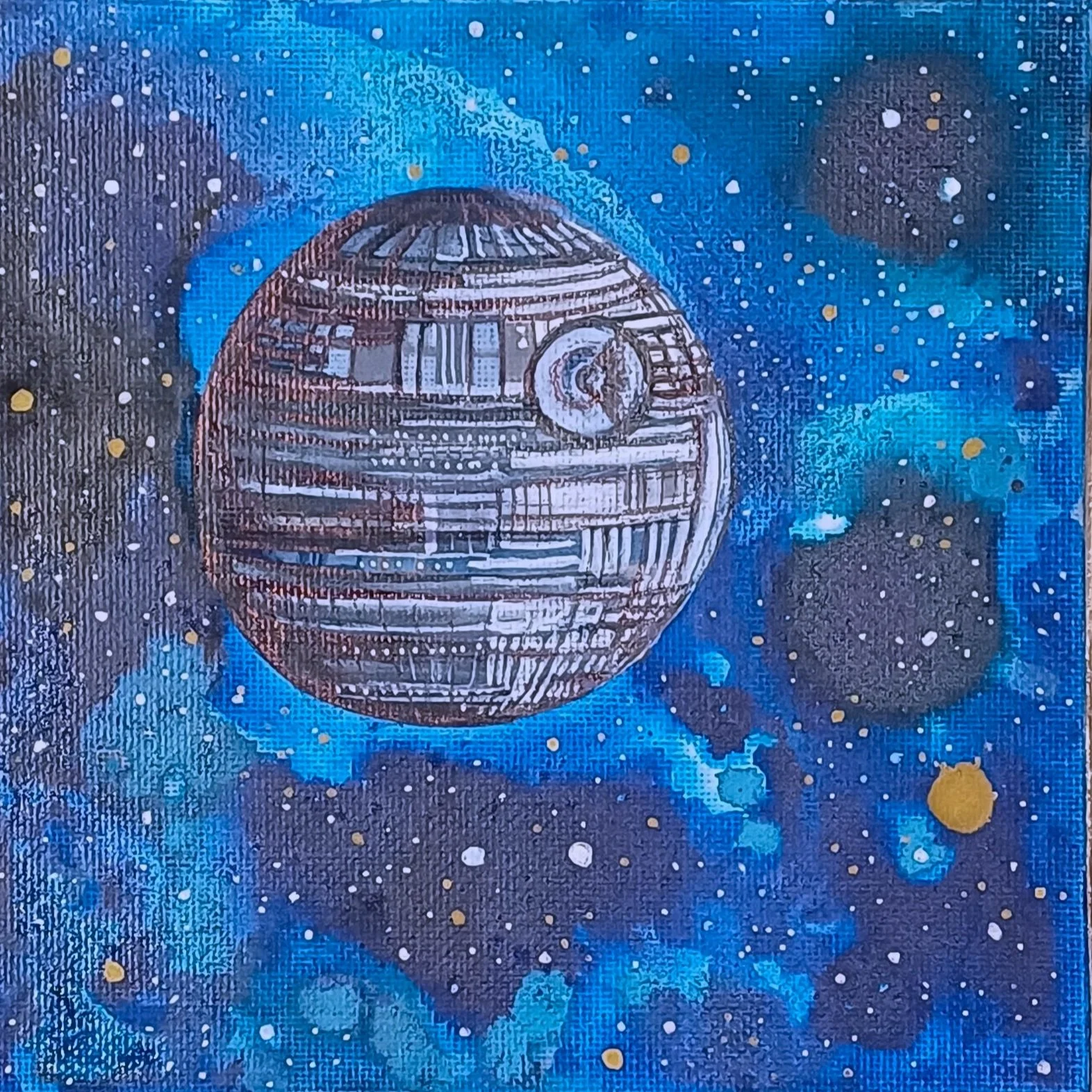 Painting of the Death Star from Star Wars in outer space with stars, blue nebulae, and asteroid-like rocks.
