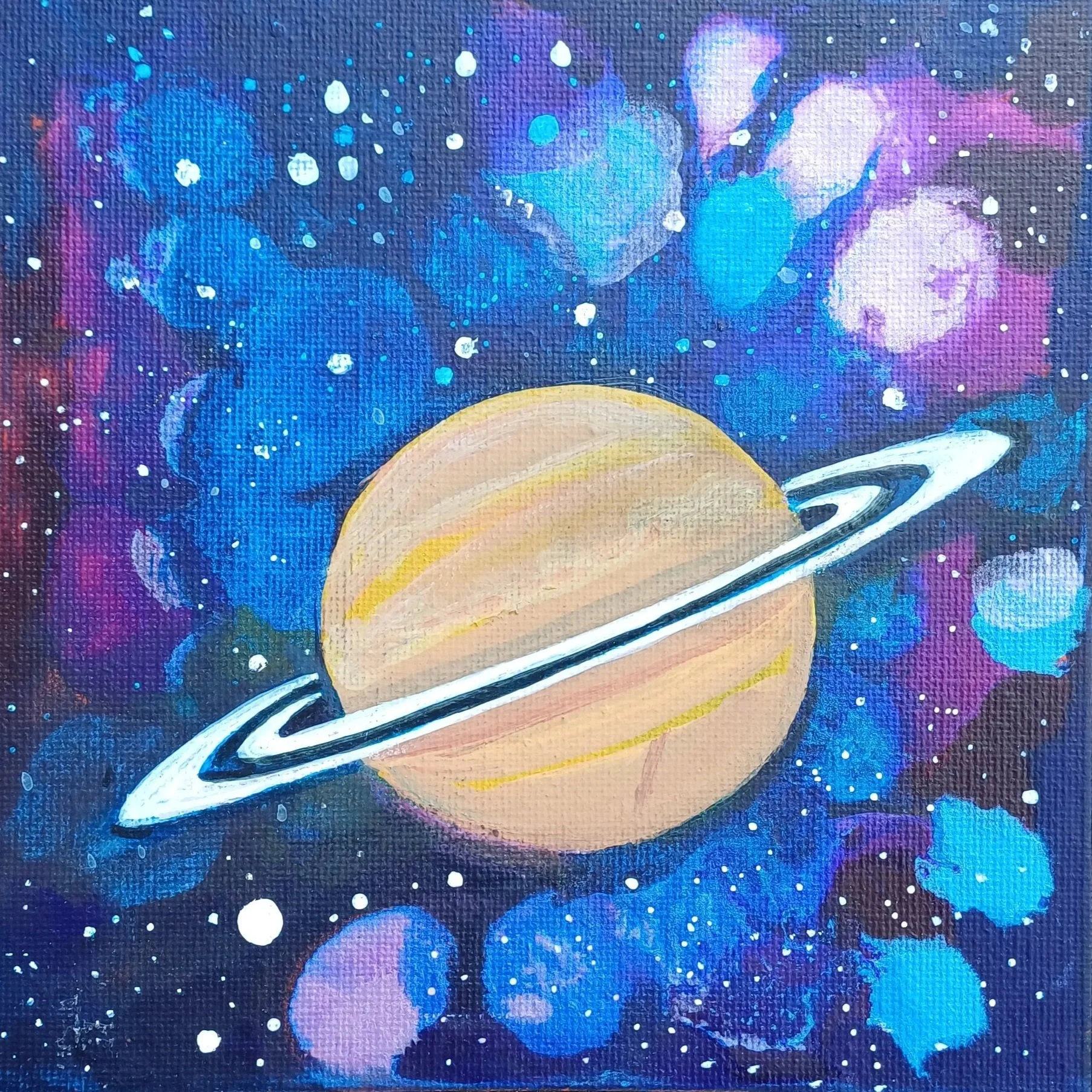 Painting of a planet with rings, resembling Saturn, set against a vibrant, colorful space background filled with stars and nebulae.