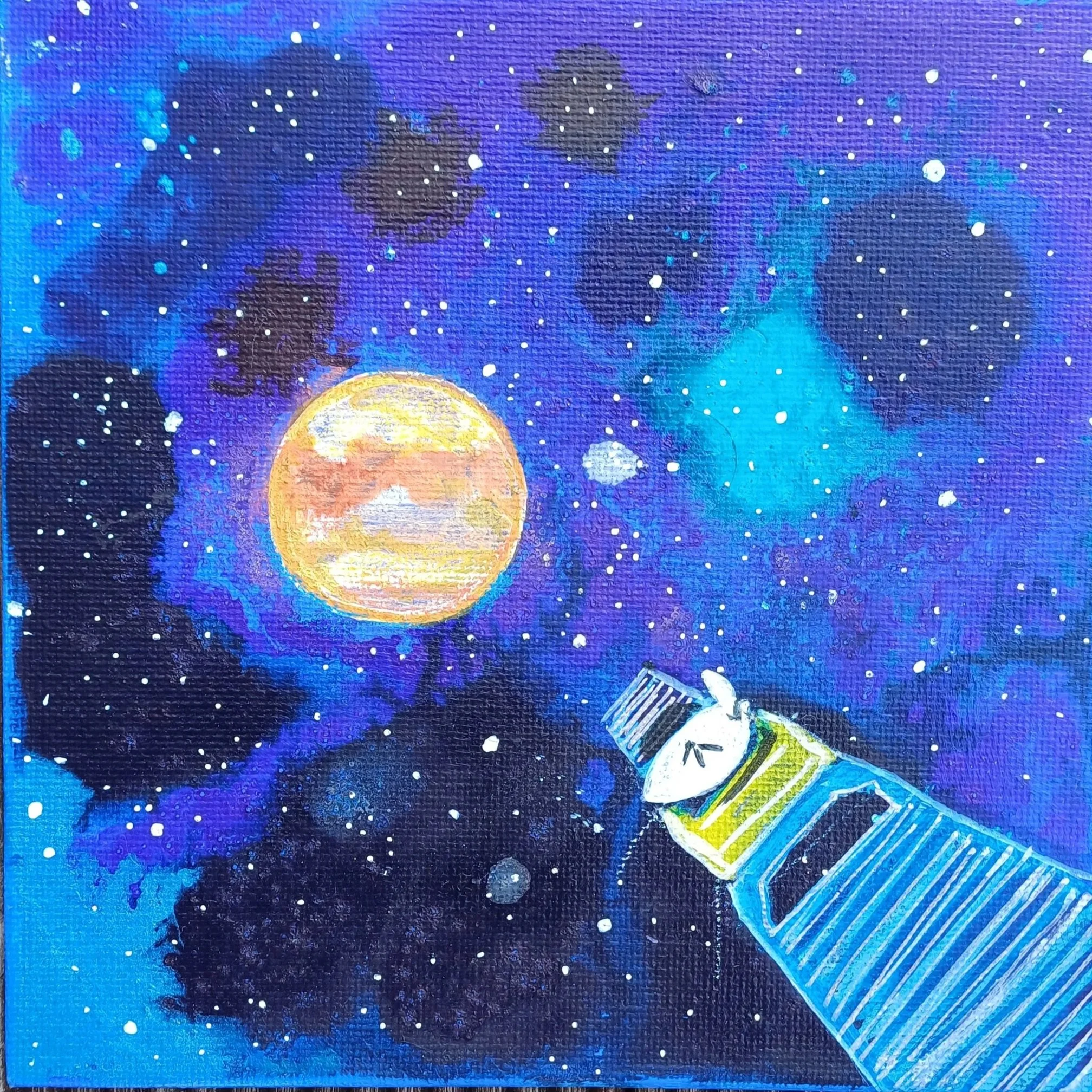 A painting of outer space featuring stars, dark nebulae, a large orange planet, and a small satellite or moon. In the bottom right corner, a cartoon-style robotic hand is holding a small jar or bottle with a spoon or spatula inside.