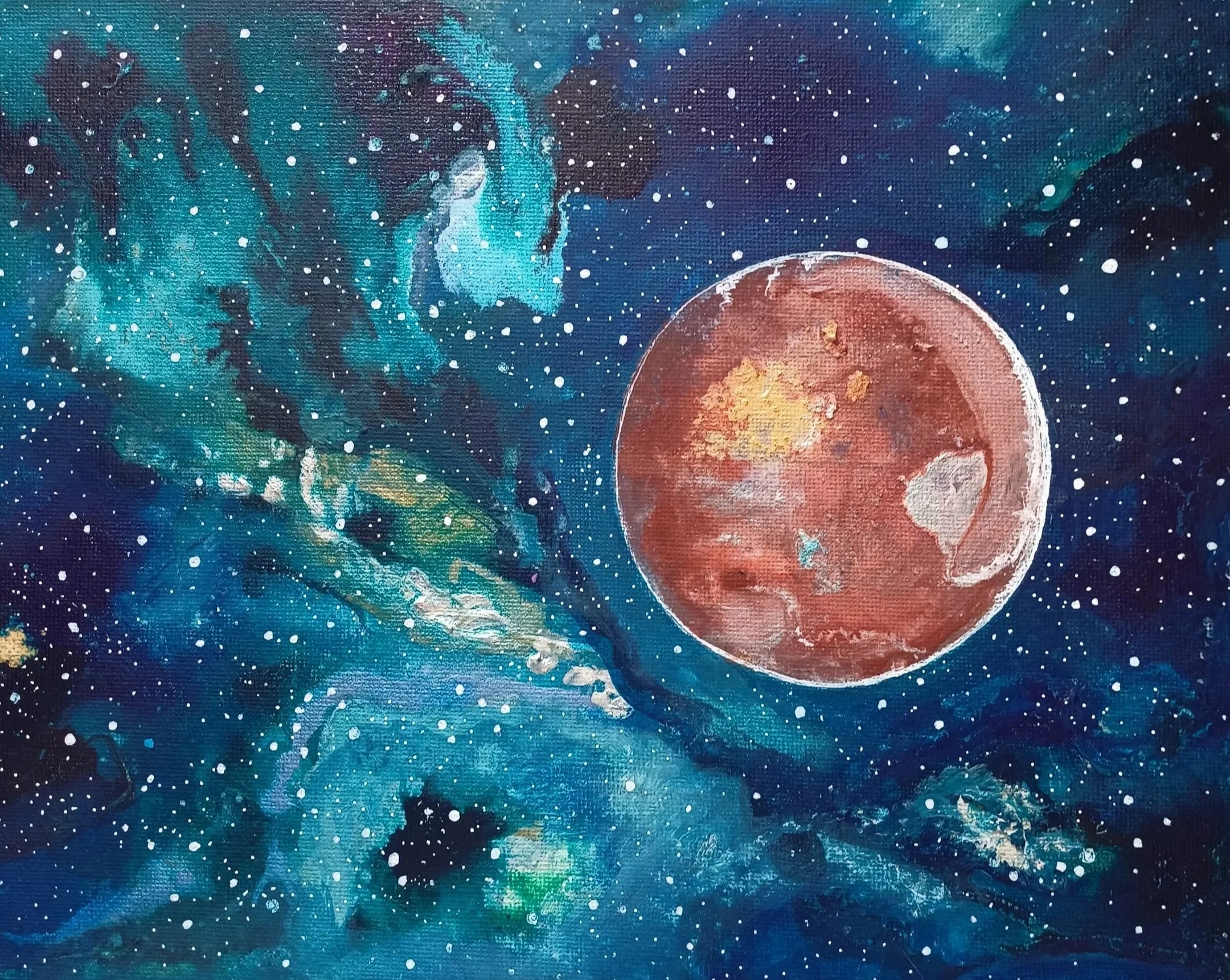A painting depicting outer space with a planet resembling Mars and a star-filled nebula surrounding it.