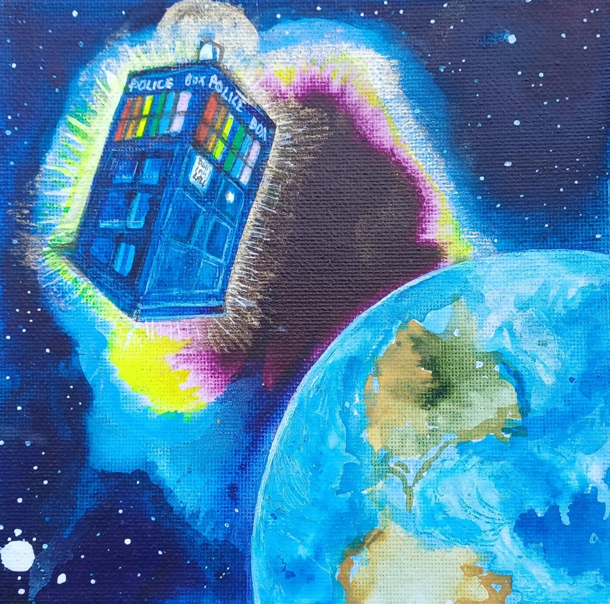 Painting portraying a blue police box outside Earth's atmosphere with space and stars in the background.