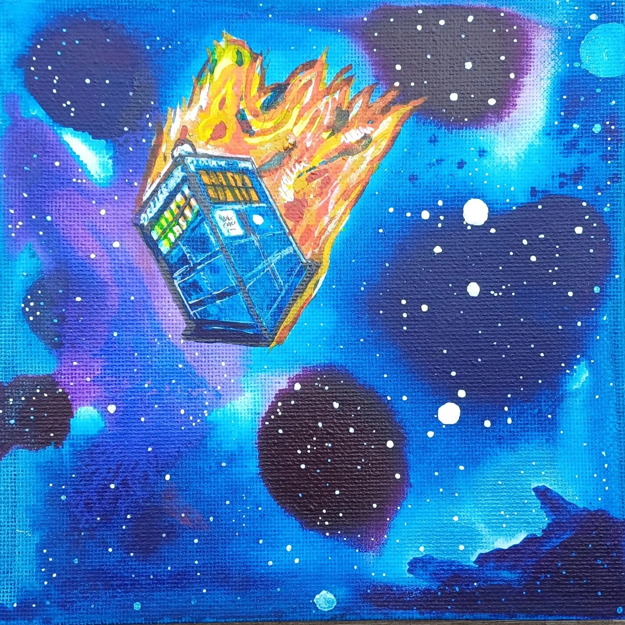 A painted depiction of the TARDIS from Doctor Who, on fire, floating in outer space with stars and cosmic clouds.