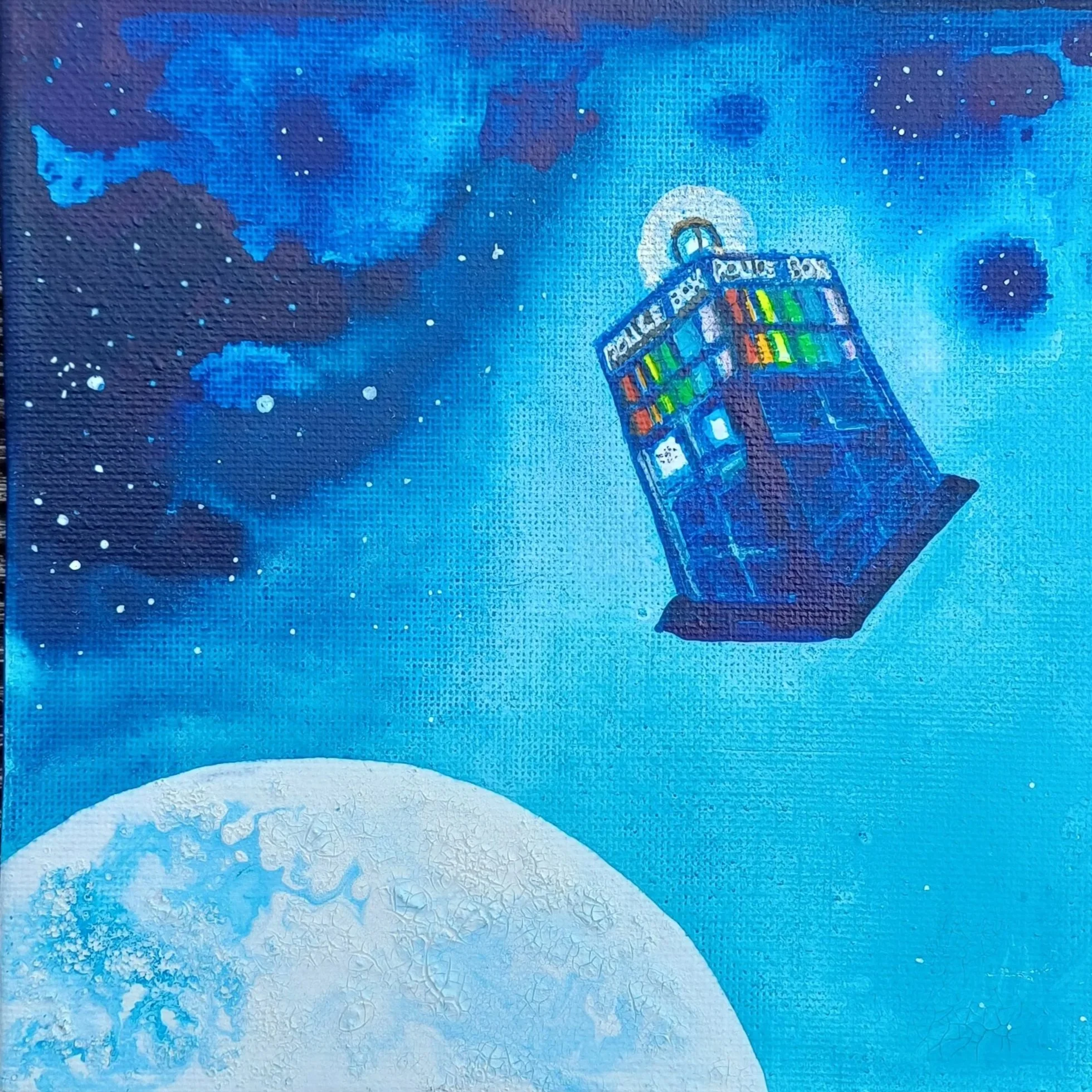 Painting of the TARDIS, the Doctor Who time machine, floating in space above a moon.