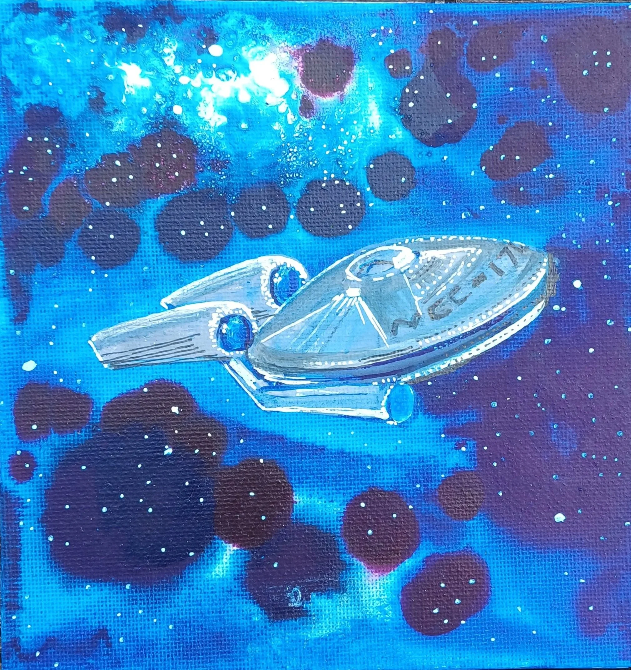 A painting of the Starship USS Enterprise floating in space with a background of stars and planets, painted in shades of blue, black, and white.