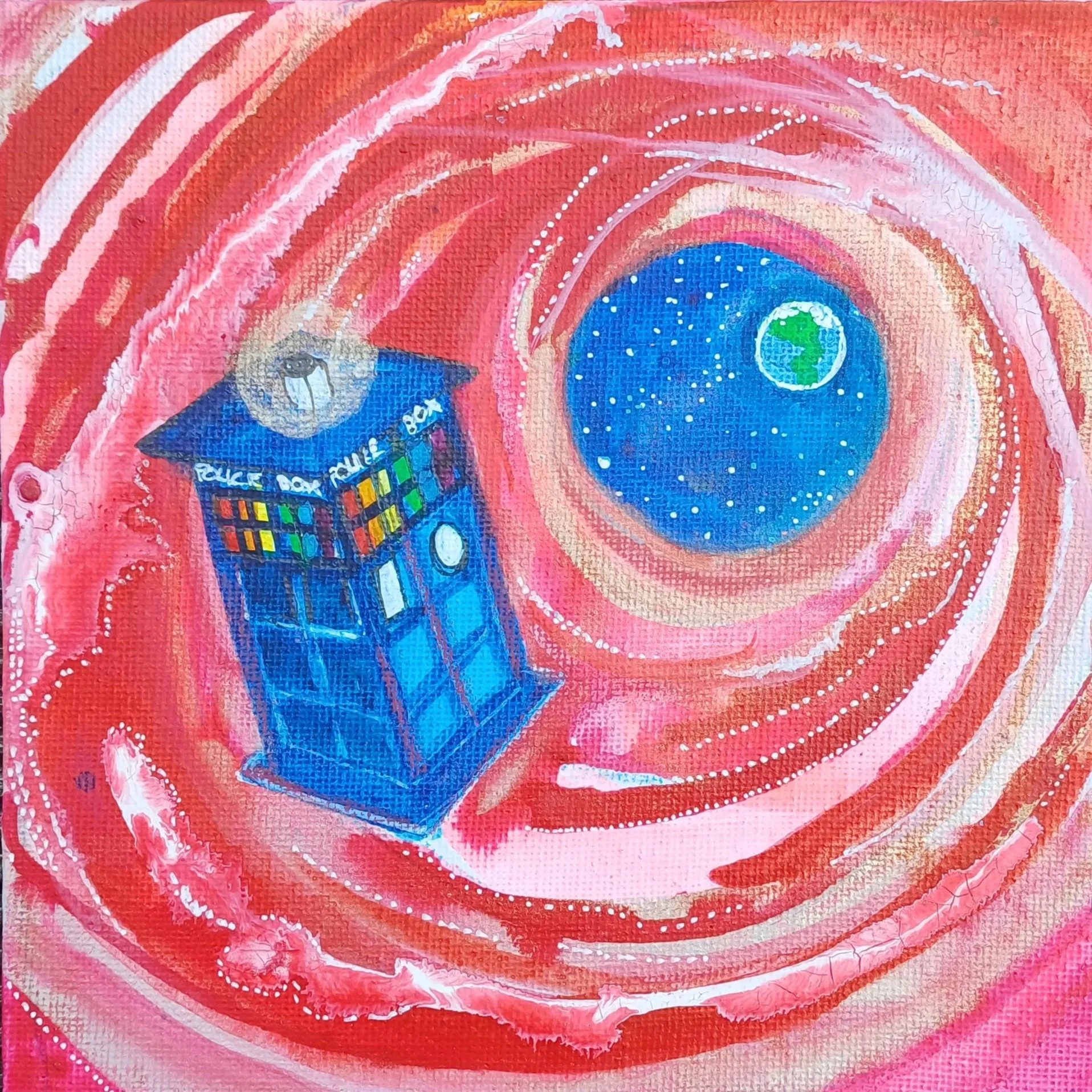 Painting of a blue police box, resembling the TARDIS from Doctor Who, floating in a colorful swirl of pink, red, and orange, with a depiction of Earth and the galaxy in the background.