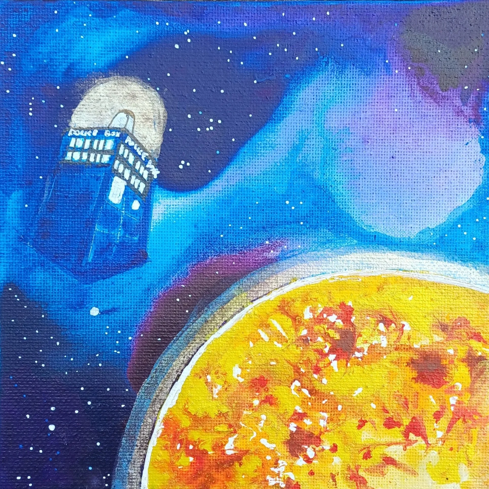 A painting of outer space featuring a blue British police box, the TARDIS from Doctor Who, near a large yellow-orange sun with red accents, stars scattered in the background, and a galaxy swirl.