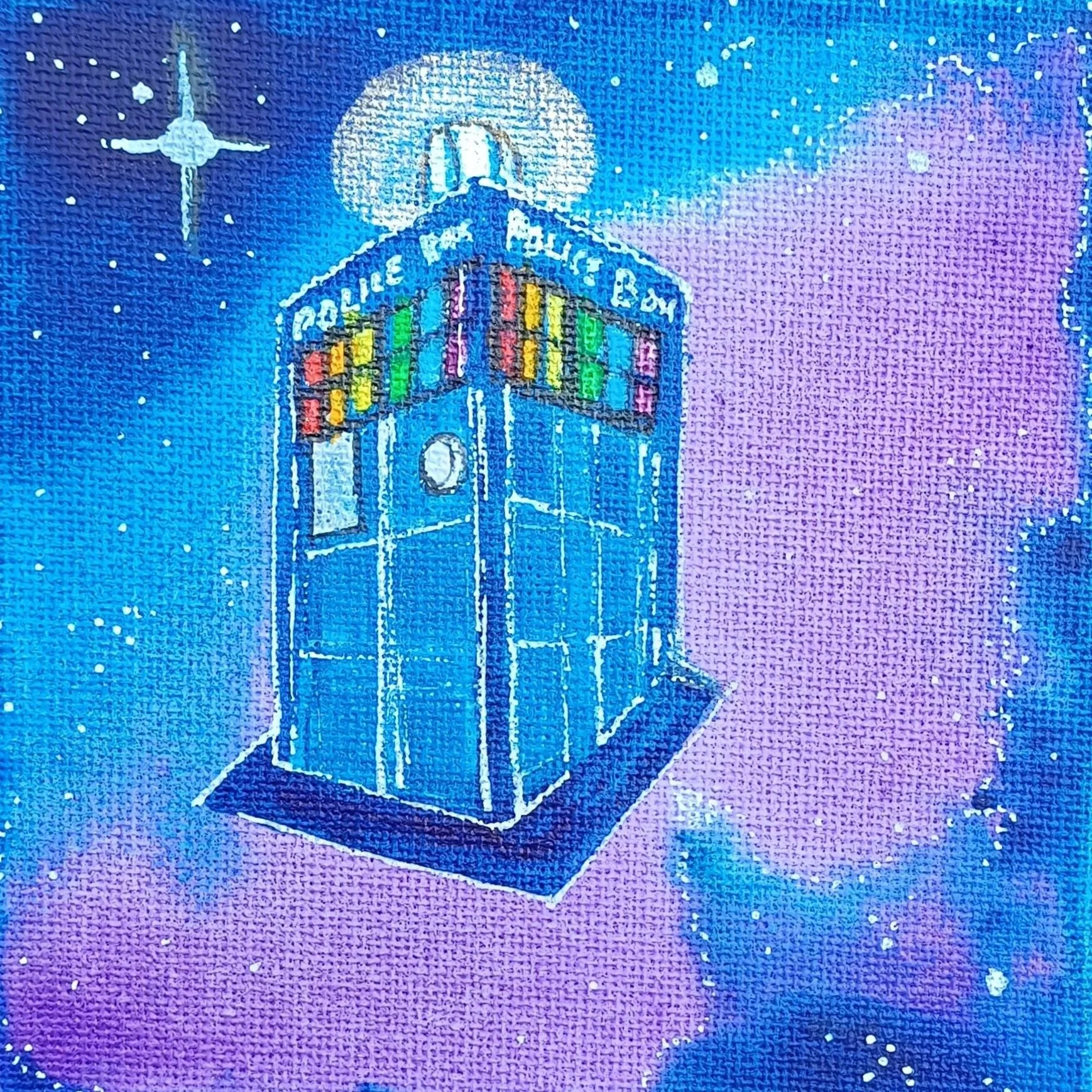 Painted depiction of a police call box, resembling the TARDIS from Doctor Who, floating in a cosmic background with stars and nebulae.