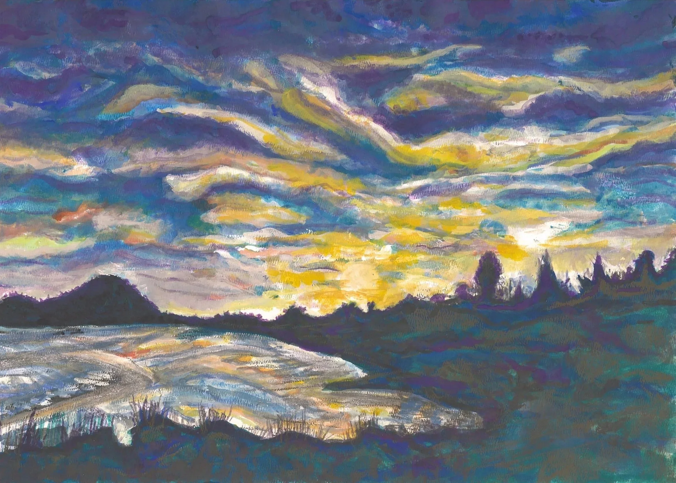 Painted landscape of a sunset over a river with mountains and trees in the background, using vivid colors and expressive brushstrokes.
