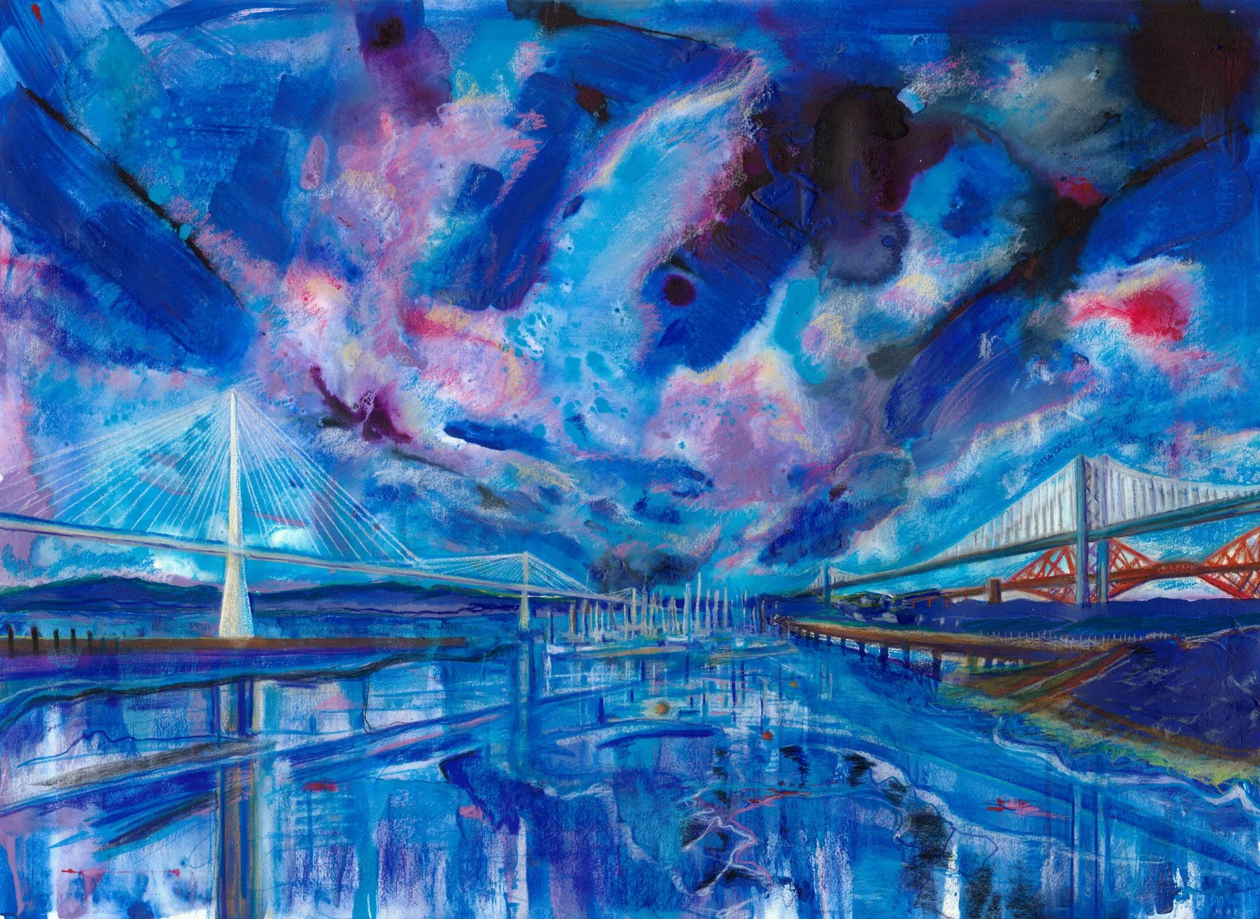 Abstract painting of a cityscape with bridges over water, featuring dramatic blue and purple clouds in the sky.