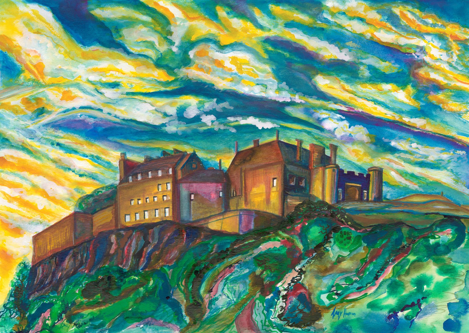 Colorful painting of a castle on a hill with a sky filled with swirling clouds and vivid colors.