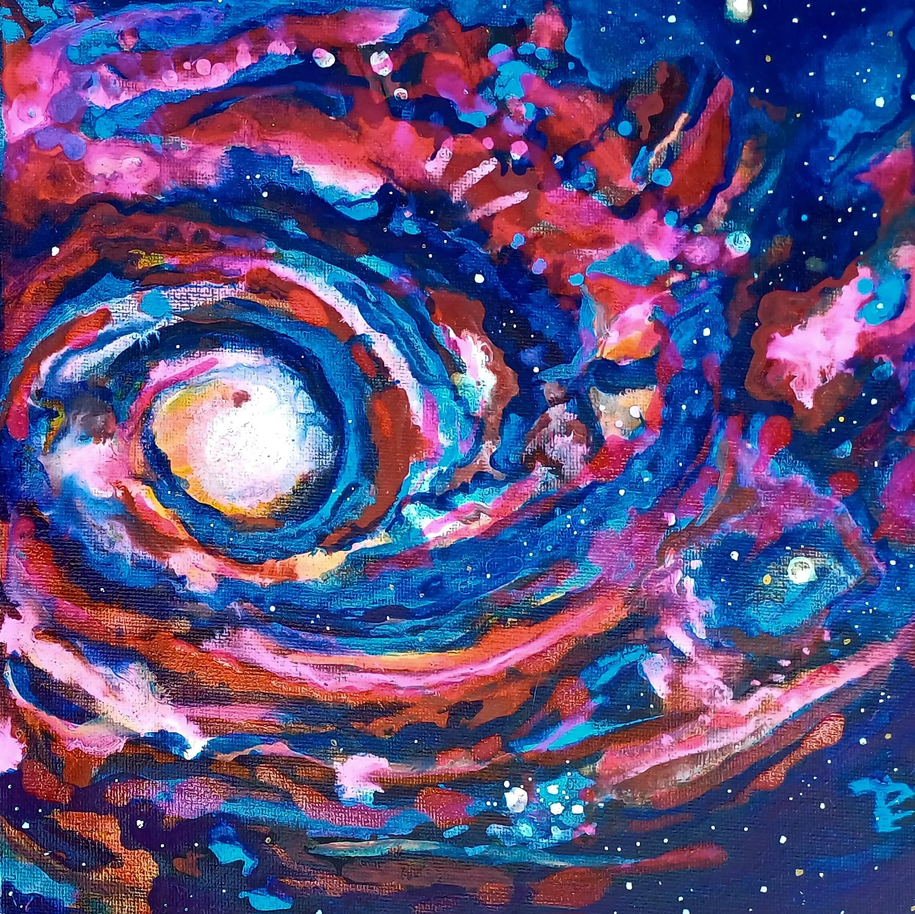 Abstract painting of a swirling galaxy with bright central light, surrounded by pink, blue, purple, and red cosmic colors and specks resembling stars.
