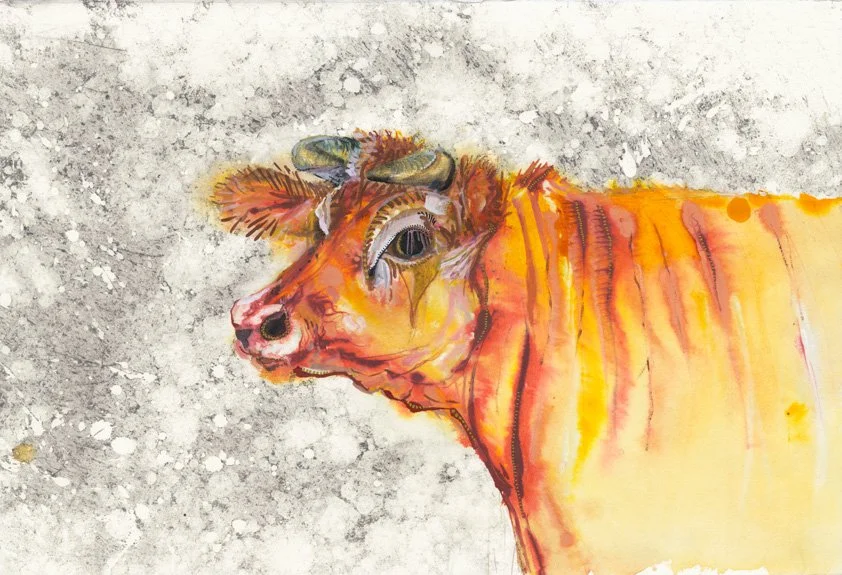 Watercolor painting of a tiger with a cow's head, lying on a grassy ground.