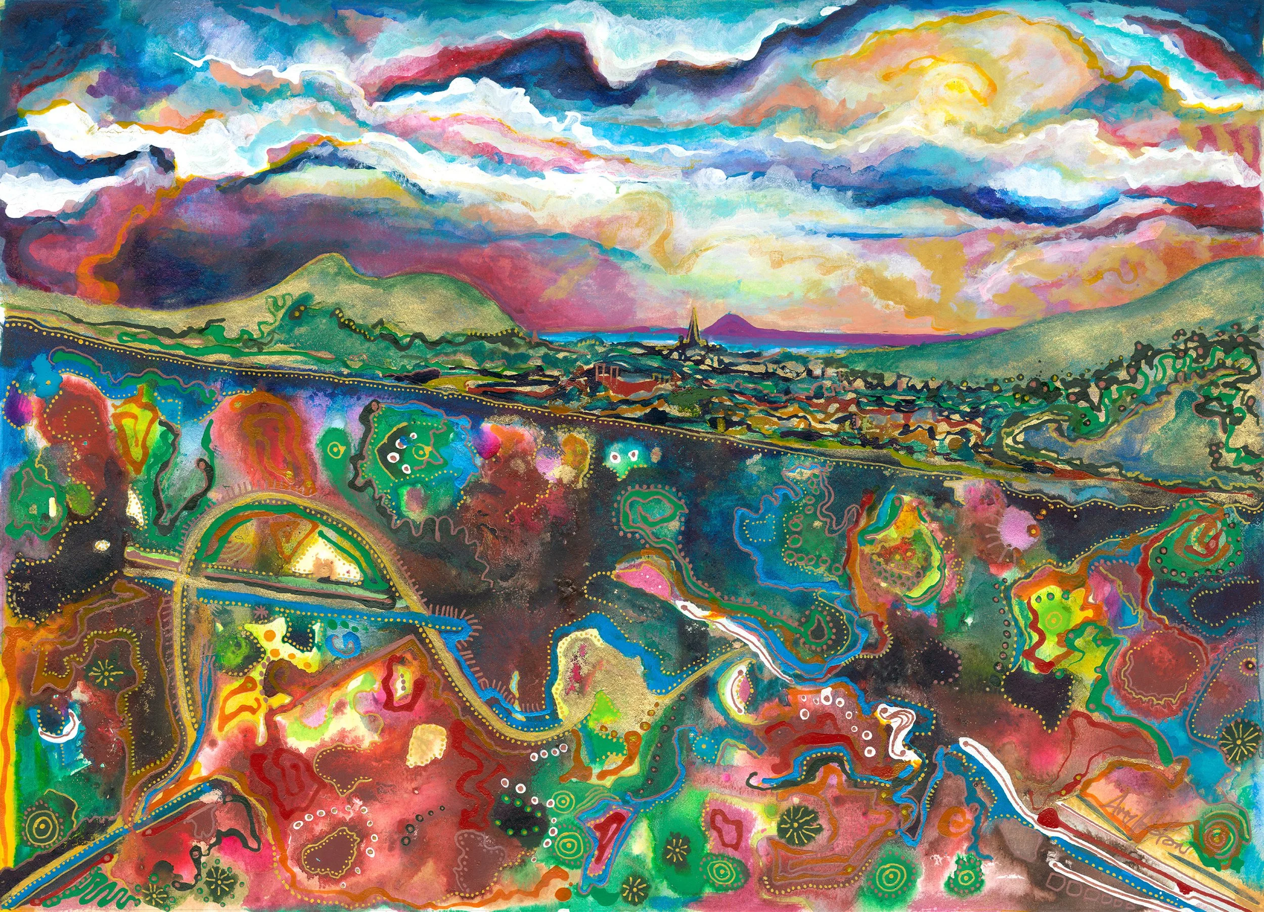 An abstract painting of a landscape with vibrant colors, depicting rolling hills, a church steeple, a town, and a sky filled with expressive clouds.