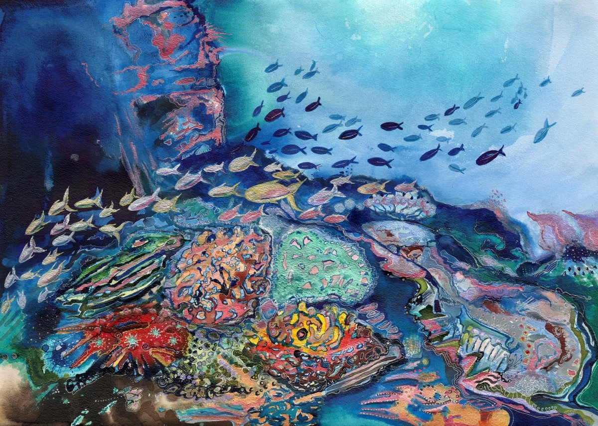 Colorful underwater scene with various types of fish and coral reef.
