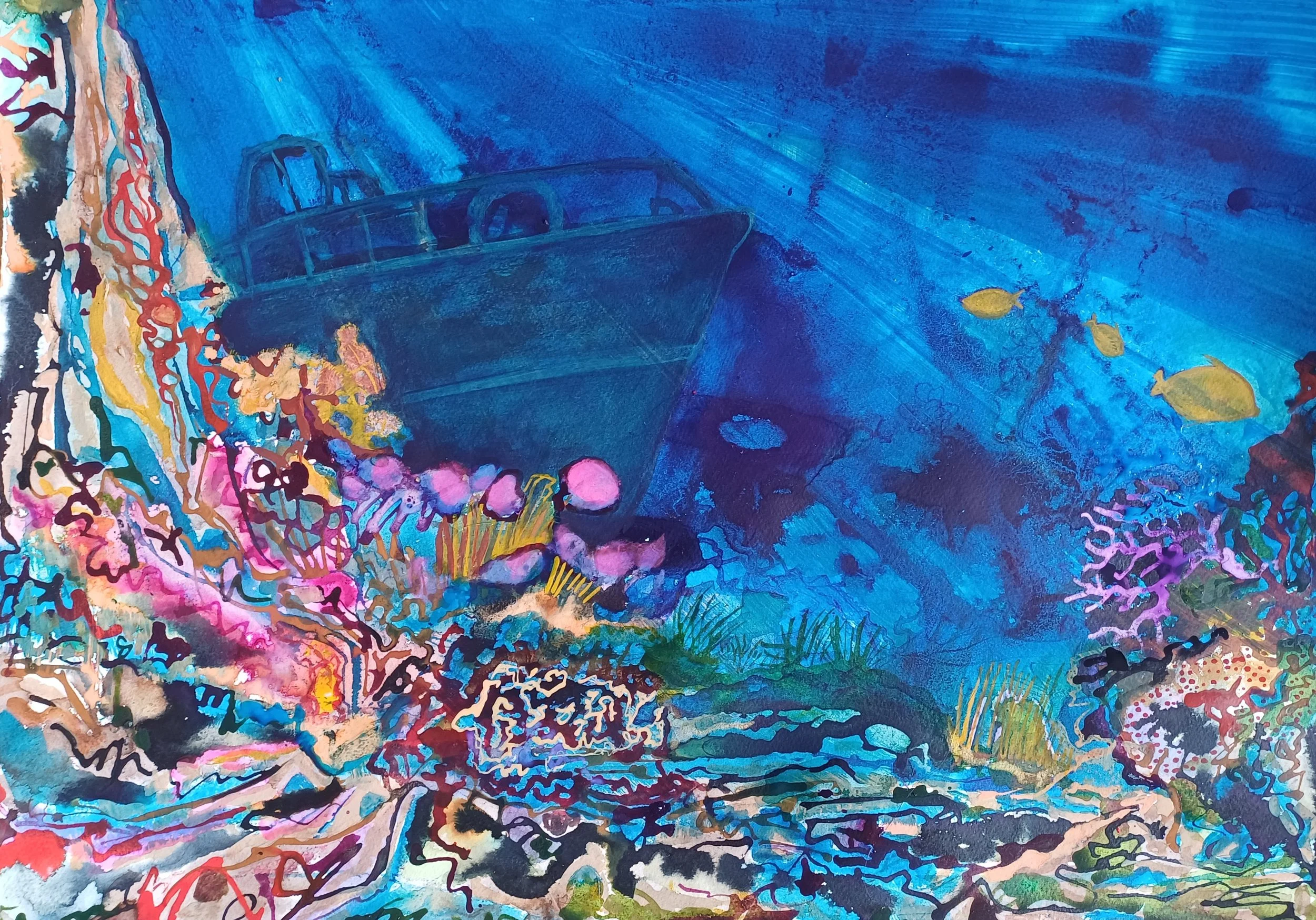 Underwater scene featuring a shipwreck among colorful coral reefs and various fish.