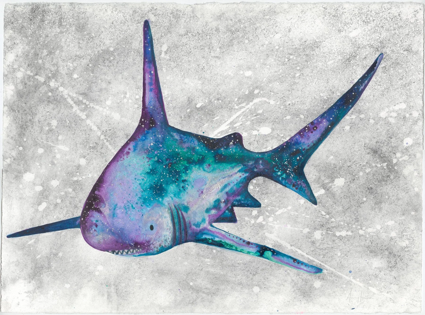 Watercolor illustration of a stylized shark with a galaxy theme, featuring vibrant shades of blue, purple, and turquoise with star-like specks, set against a textured light gray background.