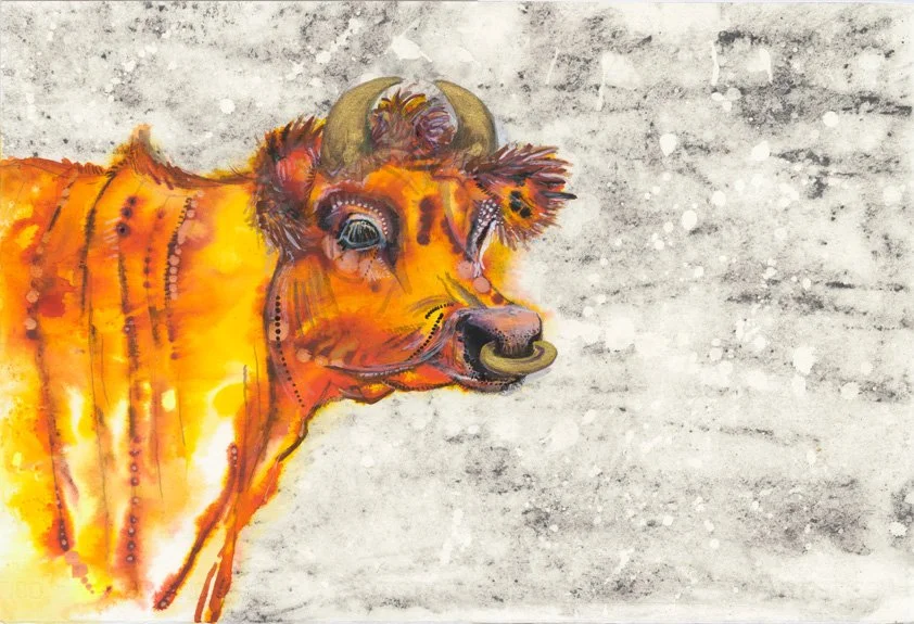 Colorful painting of a cow with blue eyes, horns, and wearing a ring on its nose, against a textured gray background.
