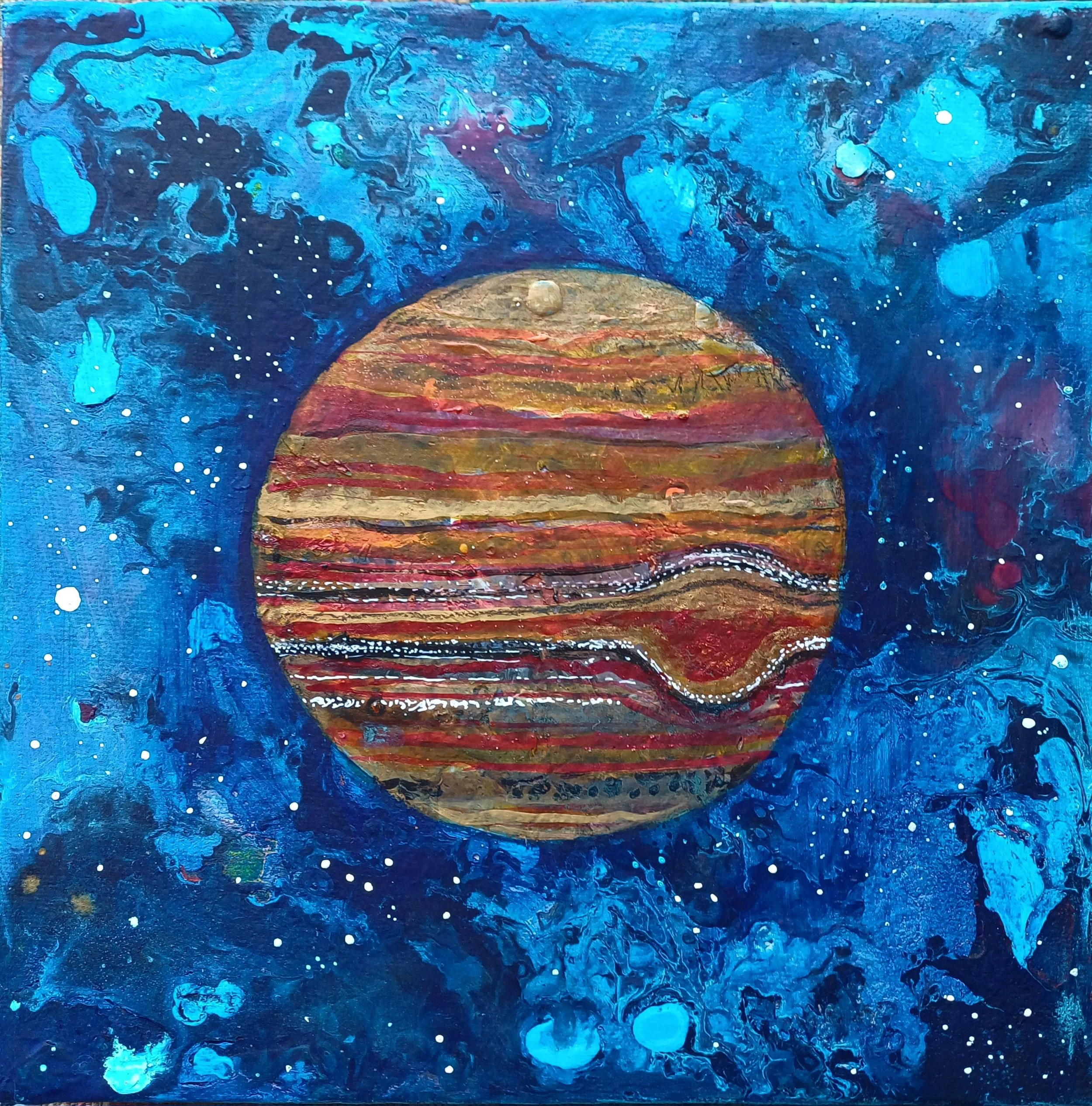A colorful painting of a planet with red, orange, and brown stripes, set against a swirling blue galaxy background with white stars and splashes.