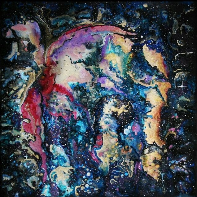 A watercolor painting of a human face blending into a cosmic, galaxy background with stars and nebulae.