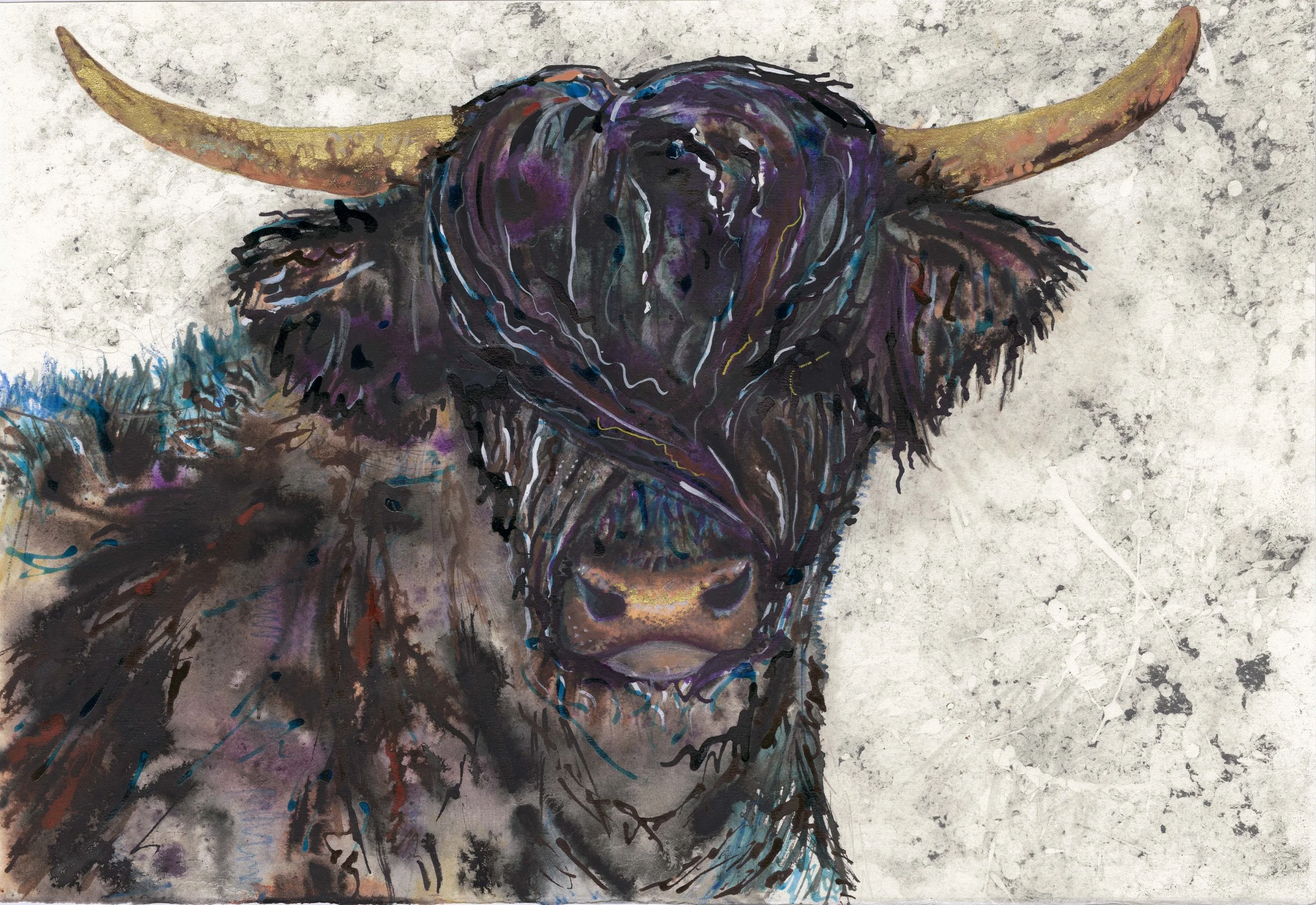 A colorful, artistic illustration of a bison with prominent curved horns, detailed fur, and a mix of dark, purple, and brown hues, set against a textured, light gray background.
