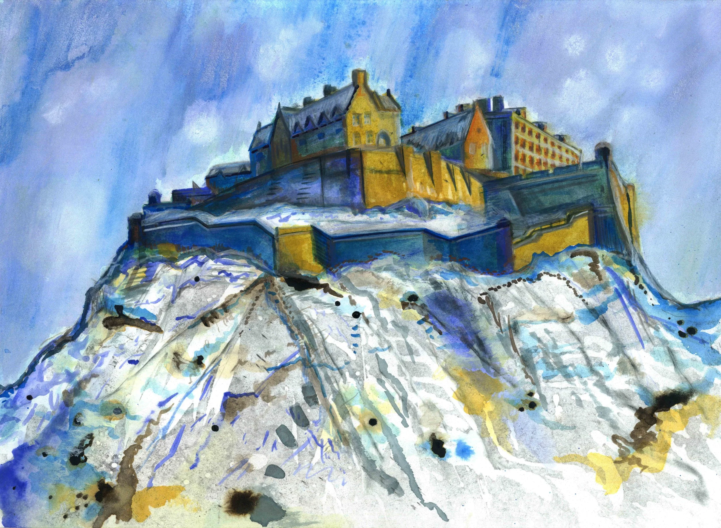 Watercolor painting of a castle or fortress on a rocky hilltop, with buildings that have sloped roofs, set against a cloudy sky.