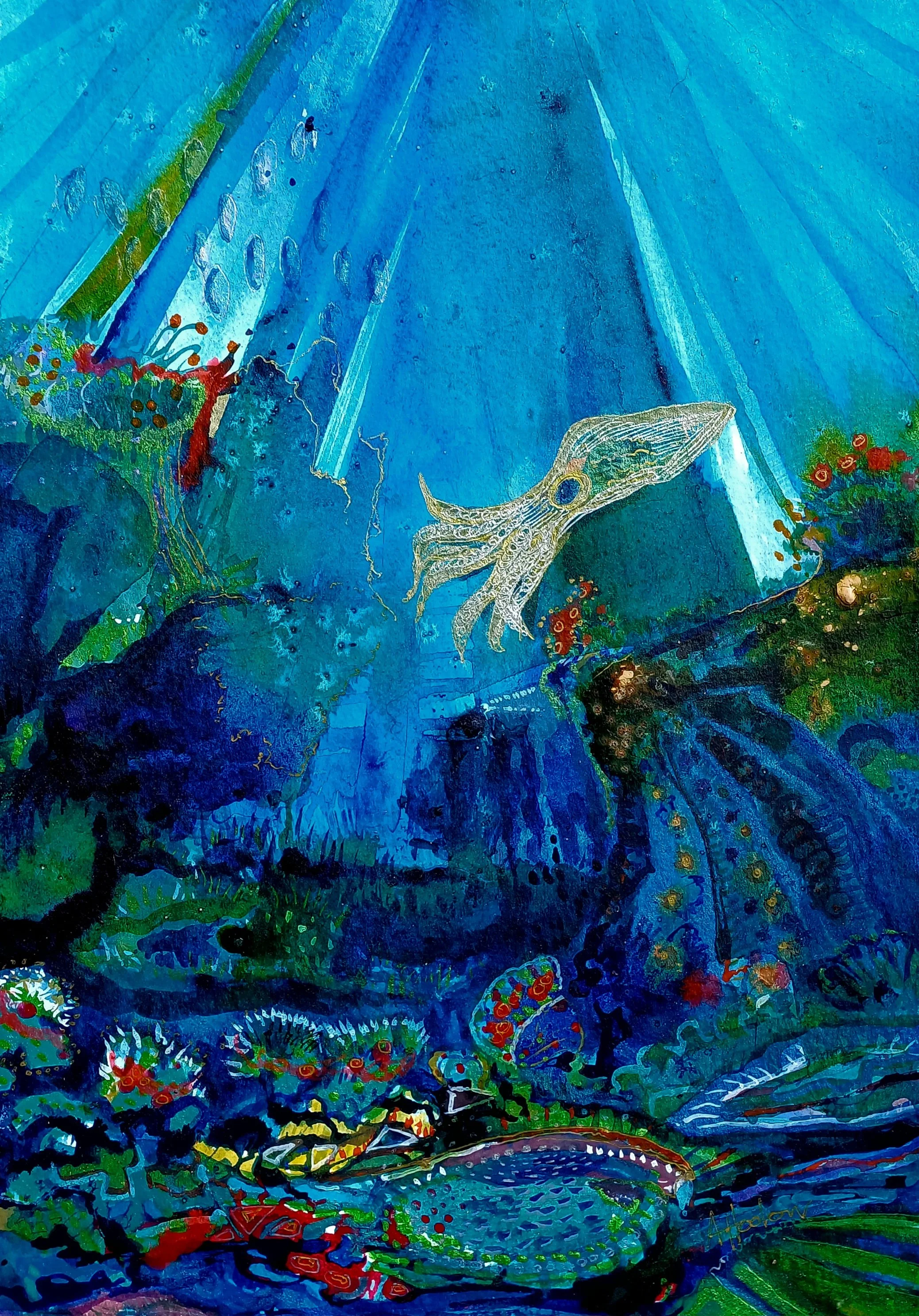 An underwater scene featuring a squid, colorful coral, seaweed, and marine life depicted in vibrant, abstract watercolor style.