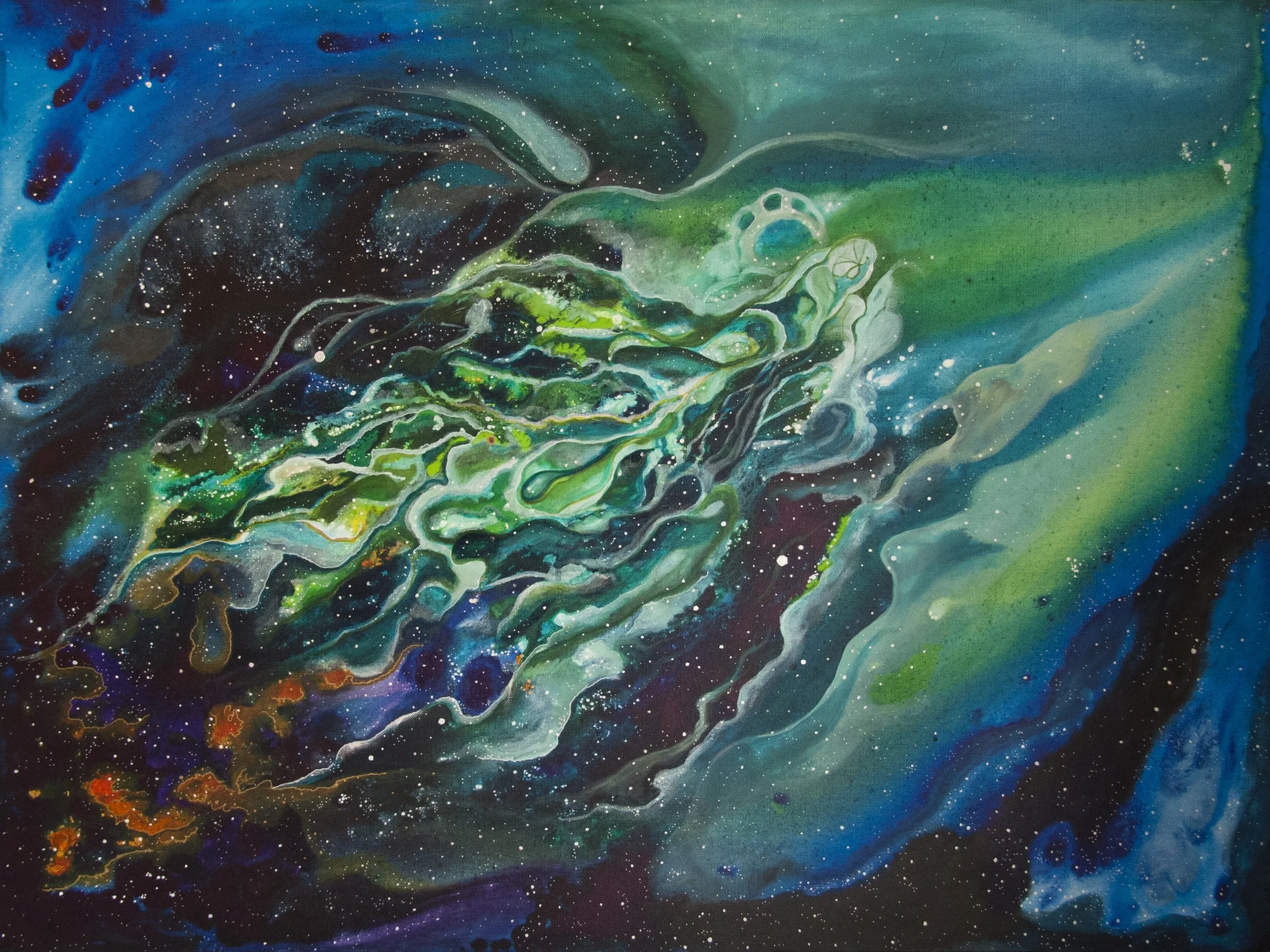 Abstract painting with swirls of green, blue, white, black, orange, and purple, resembling a cosmic or underwater scene with stars and nebulae.