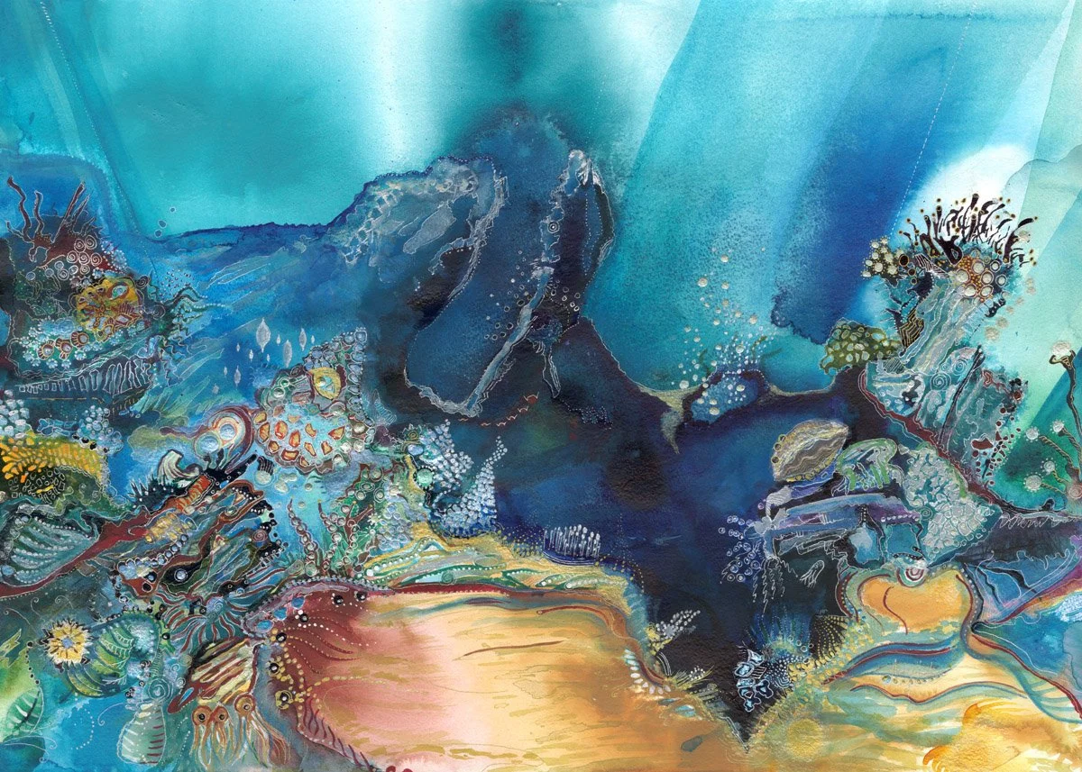 Abstract painting with swirling patterns of blue, teal, green, orange, and black, featuring intricate details resembling underwater coral or marine life.