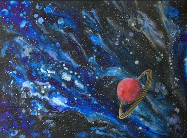 Painting of outer space with a red planet with rings against a starry galaxy background with blue and purple hues.