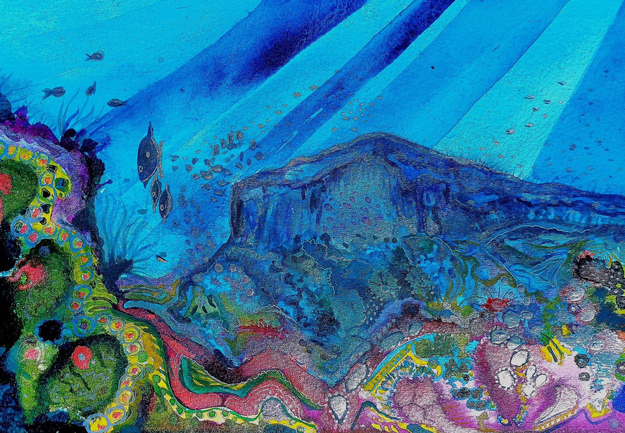 Colorful artistic illustration of an underwater scene with a blue ocean, coral reefs, and fish swimming.