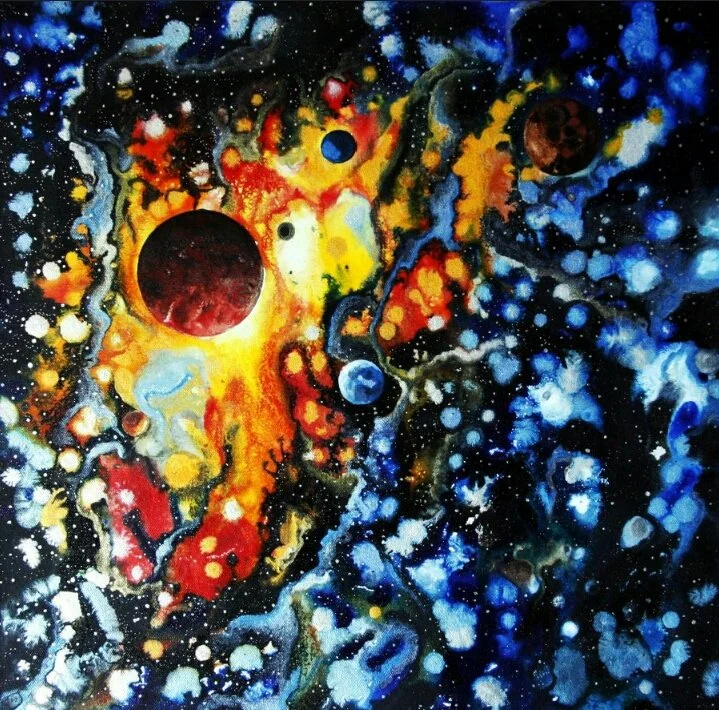 Abstract painting of outer space showing colorful planets, stars, and cosmic clouds with splashes of yellow, red, orange, blue, and black.