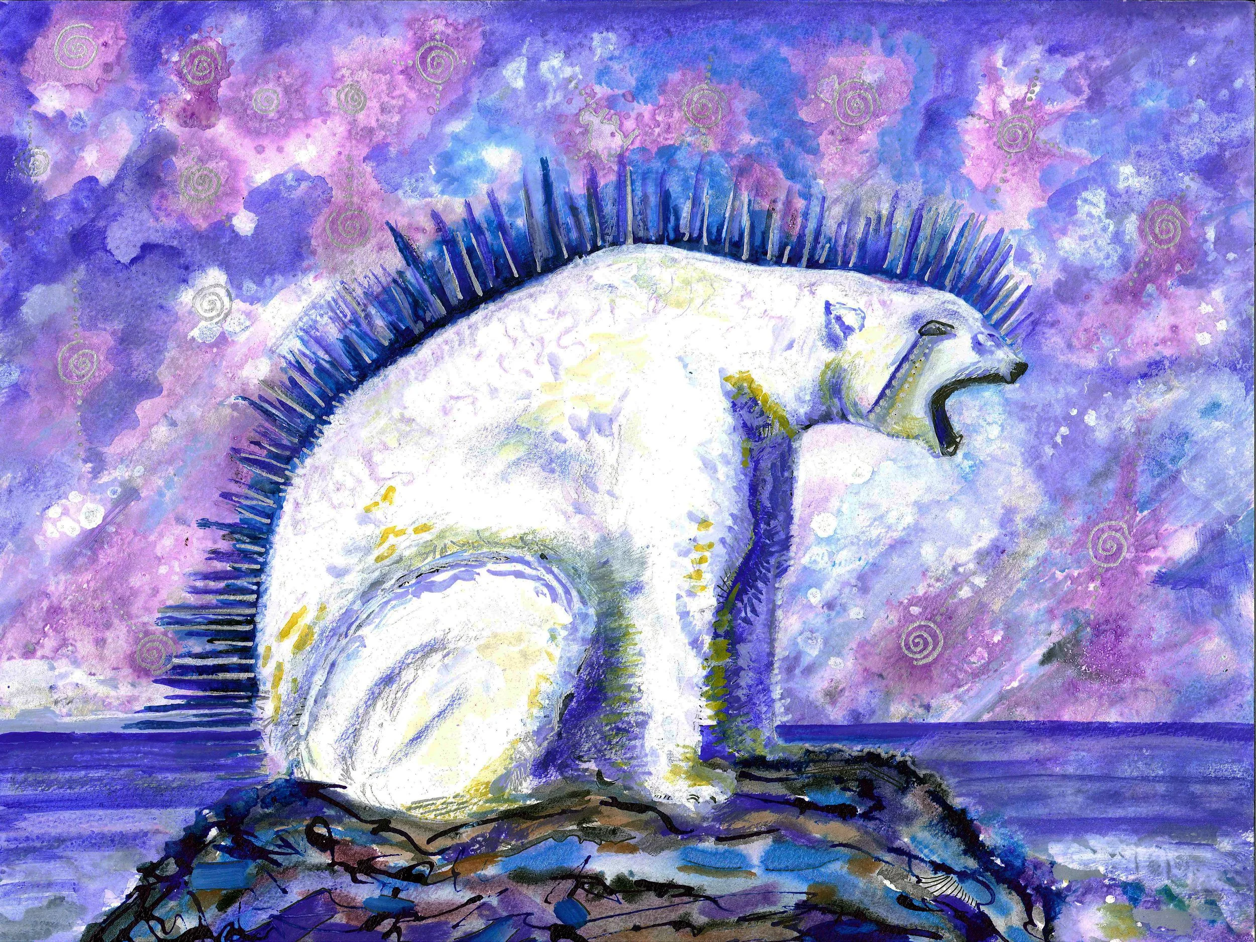 A watercolor painting of a white polar bear with a mohawk of blue and black spines, roaring while sitting on rocky terrain against a colorful purple and pink sky over the ocean.