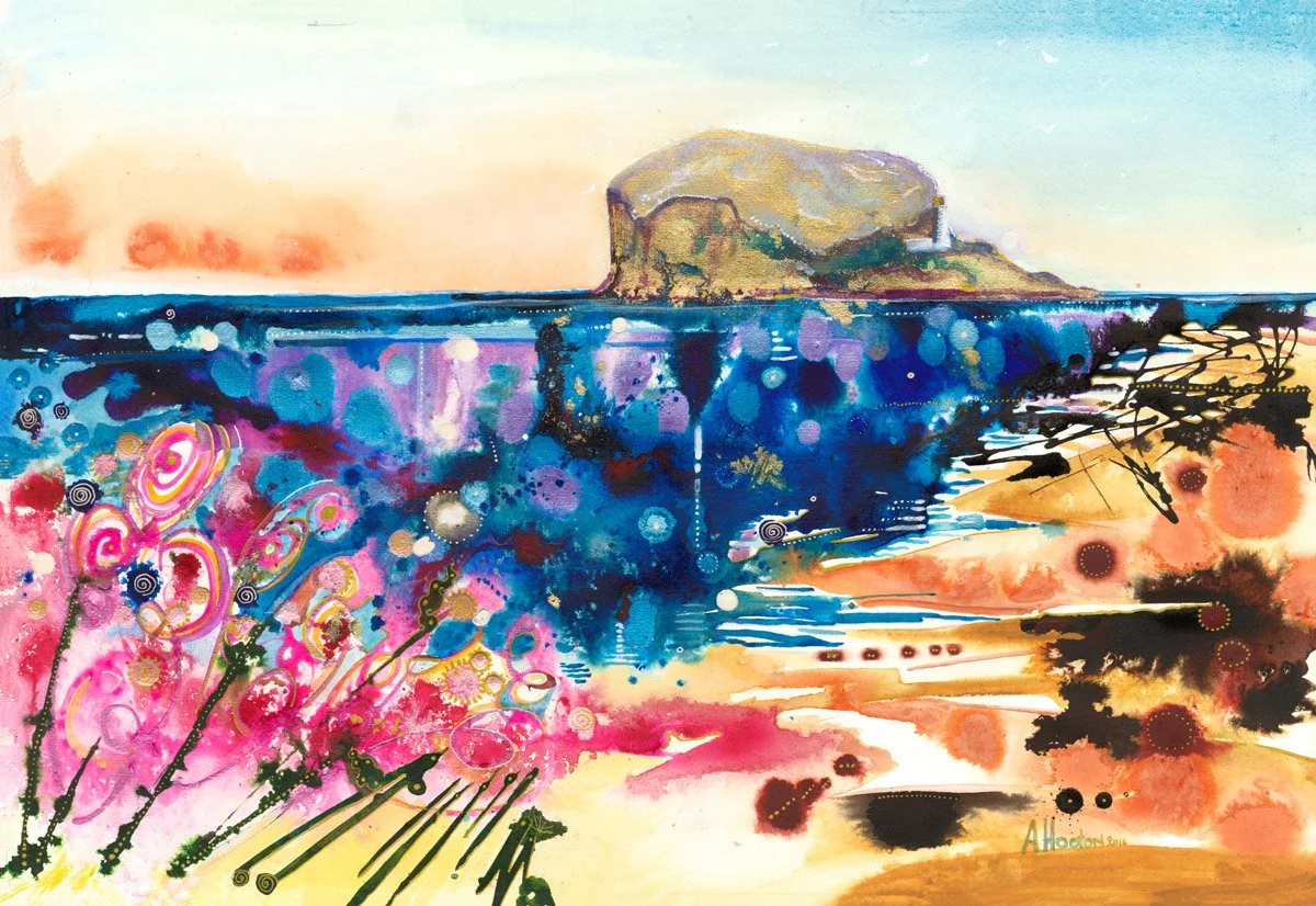 Pink Flowers at the Beach: Bass Rock Print