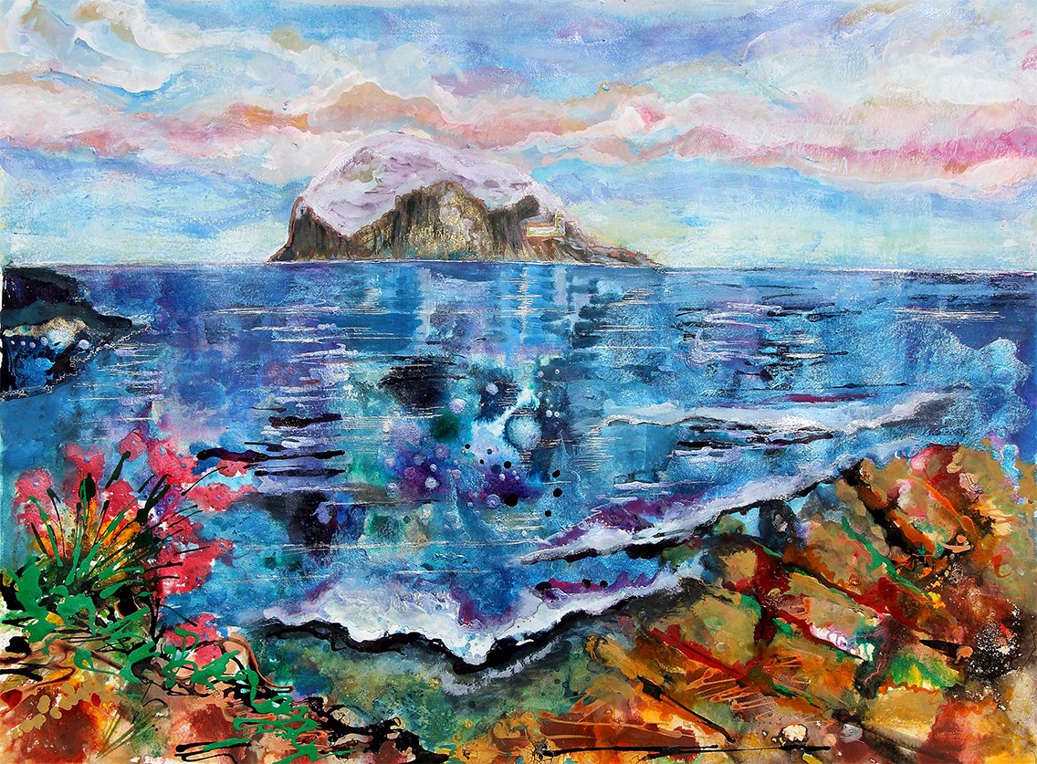 Watercolor painting of the ocean with an island in the distance, waves crashing onto rocks, colorful sky at sunset, and vibrant flowers in the foreground.