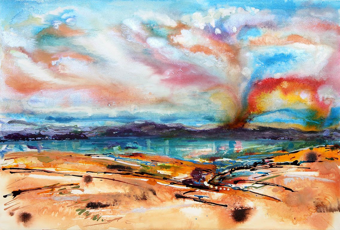 Watercolor painting of a sunset over a landscape with a body of water, mountains, and colorful sky with clouds.