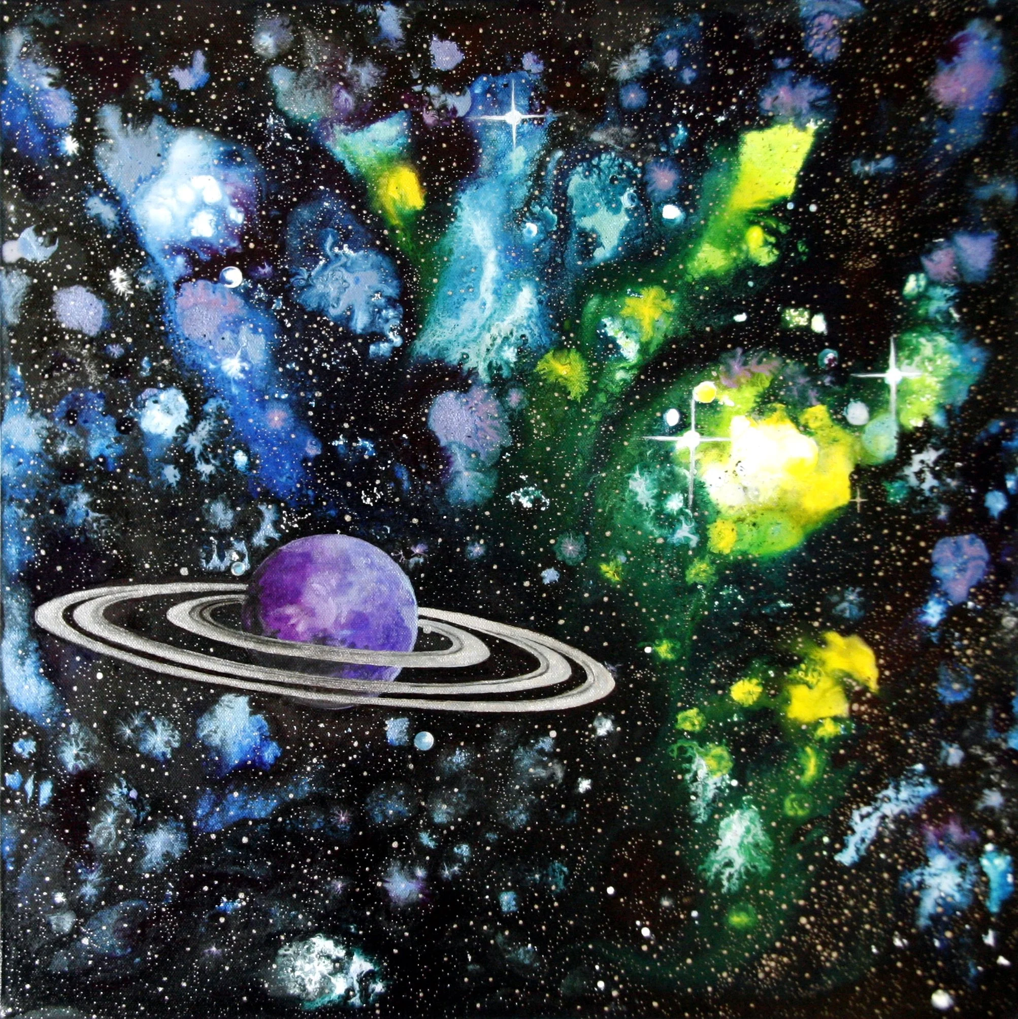A space-themed painting featuring a purple planet with rings, surrounded by a colorful nebula with green, yellow, and blue hues, set against a star-filled background.