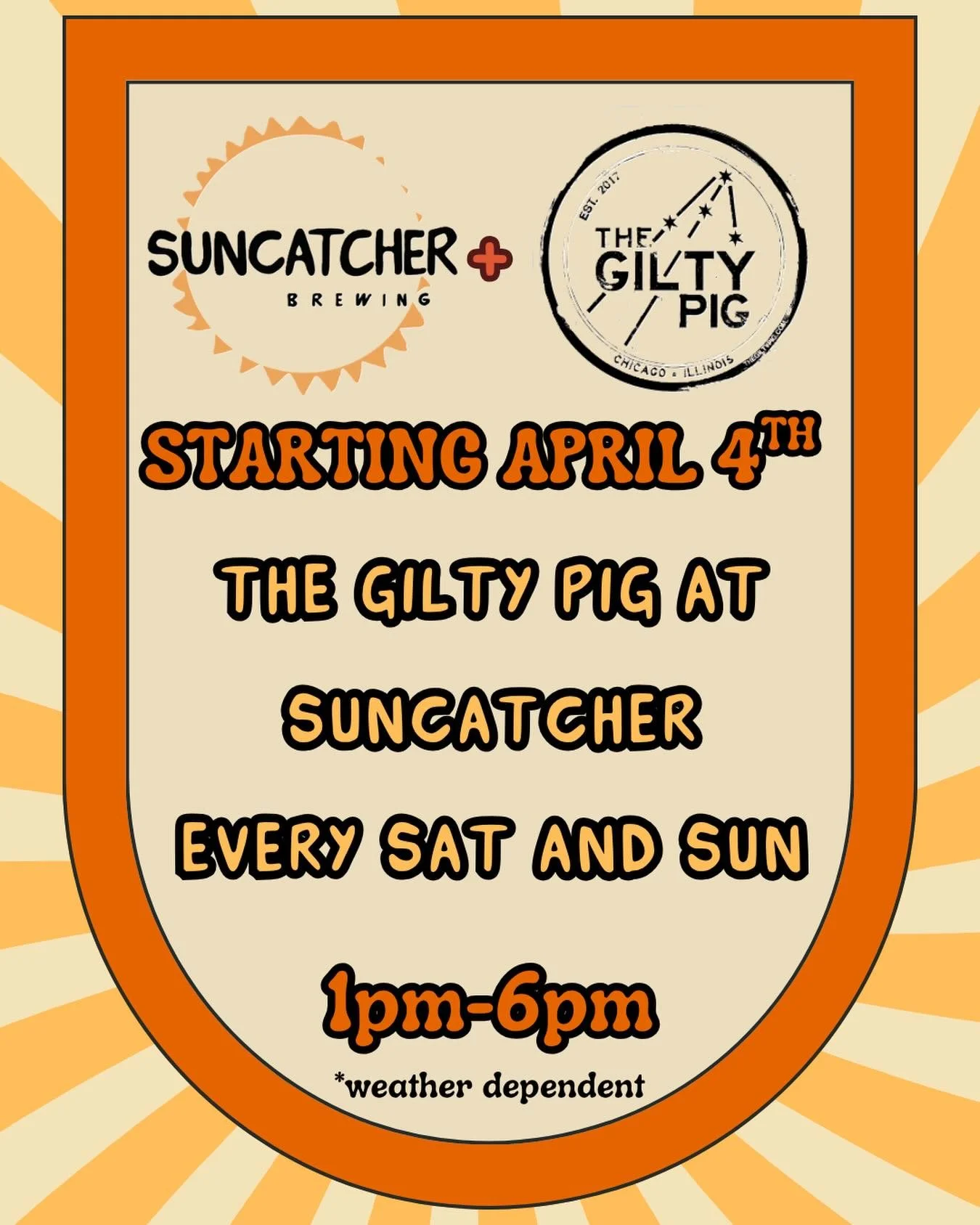 We are stoked to announce that, starting Saturday 4/4, @thegiltypig will be serving food from our patio every Saturday and Sunday from 1pm-6pm! Come by to enjoy their delicious food along side our tasty brews