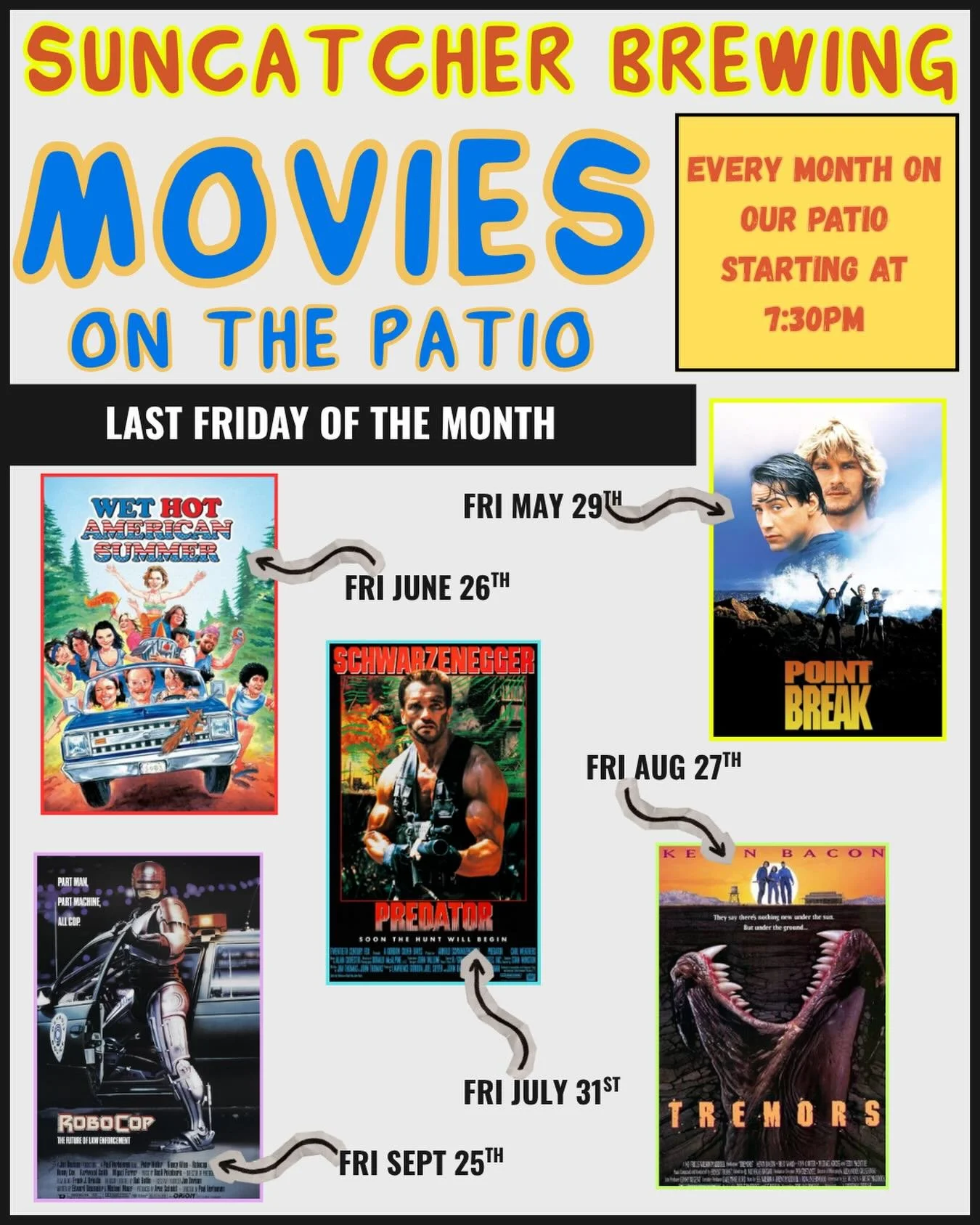 Starting on Friday May 29th, join us every month for movies on the patio starting at 7:30. Check out our summer line up!