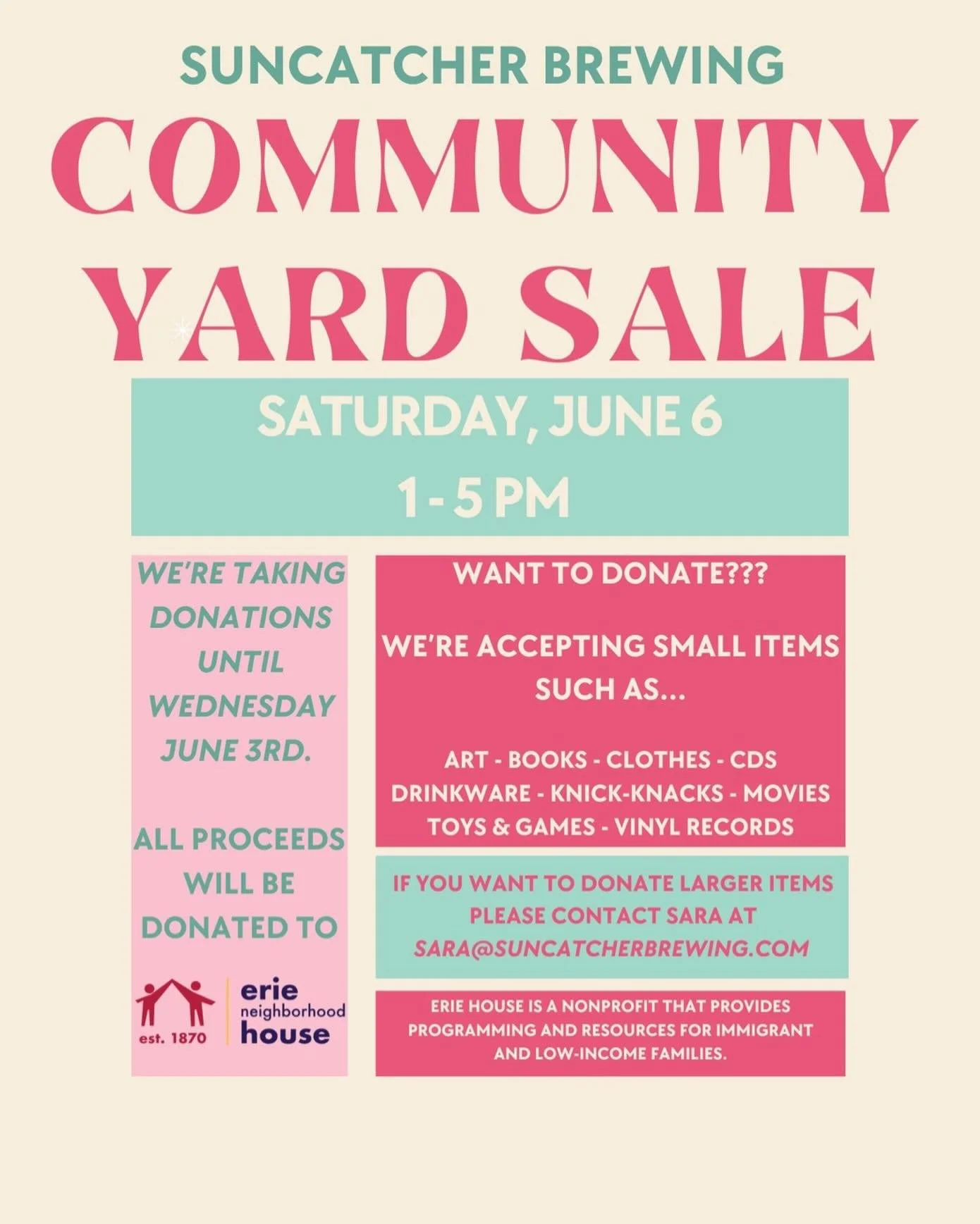 Saturday June 6th on our patio, come enjoy our community yard sale from 1-5pm! All proceeds from the yard sale will be donated to @eriehouse - If you have things you would like to donate to be sold at the yard sale, please email sara@suncatcherbrewin