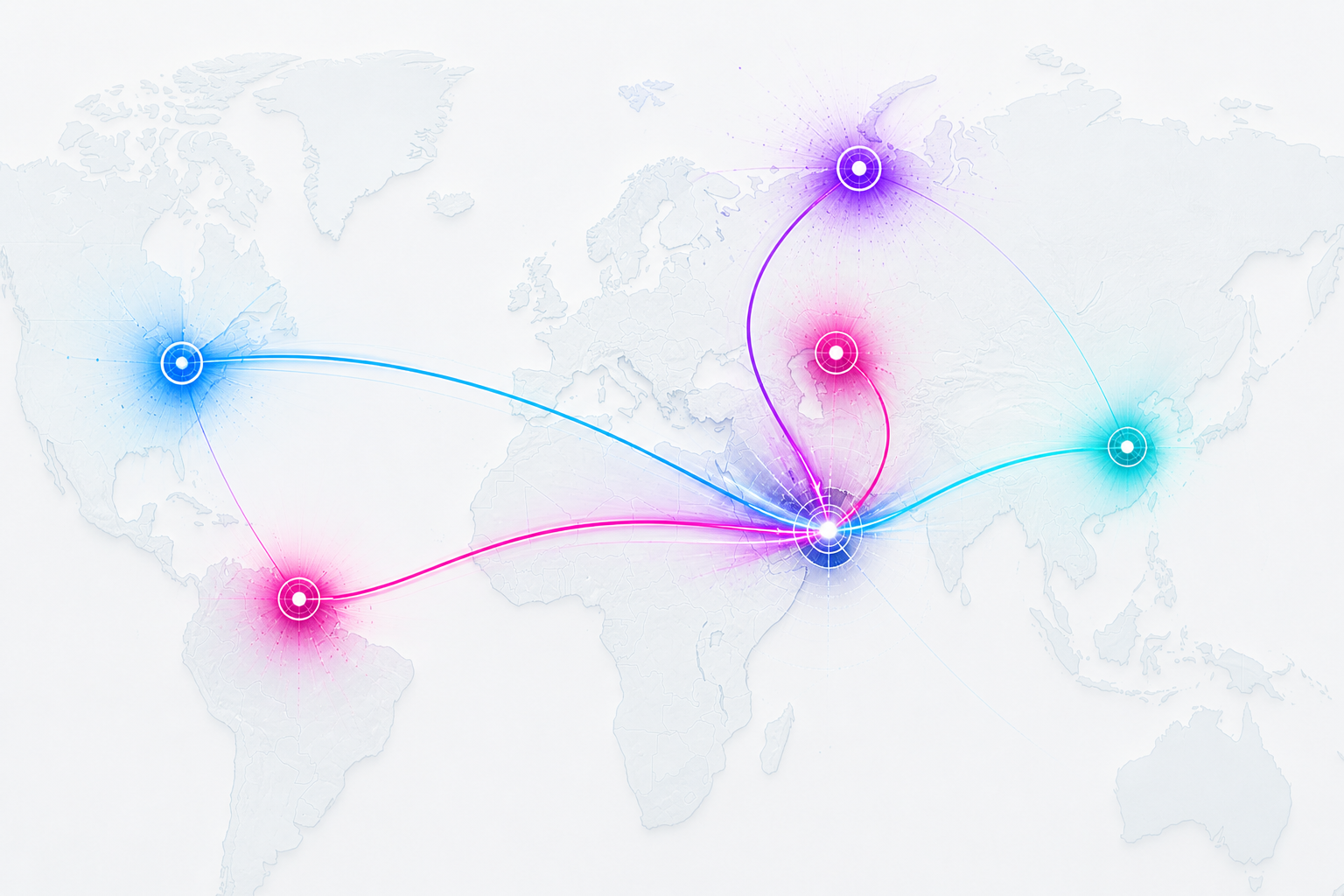 A digital world map showing interconnected nodes in Europe, Asia, North America, and South America with colored lines connecting them, representing global network connections or data flow.