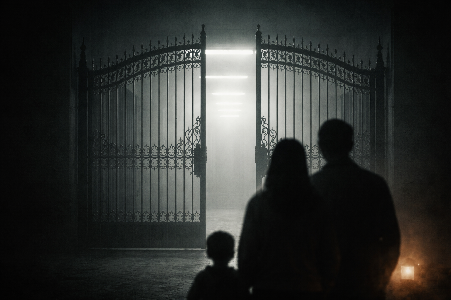 A family of three silhouetted before ornate iron gates, backlit by cold fluorescent light. A small warm light glows behind them. The gate is open but the path through it is uncertain.