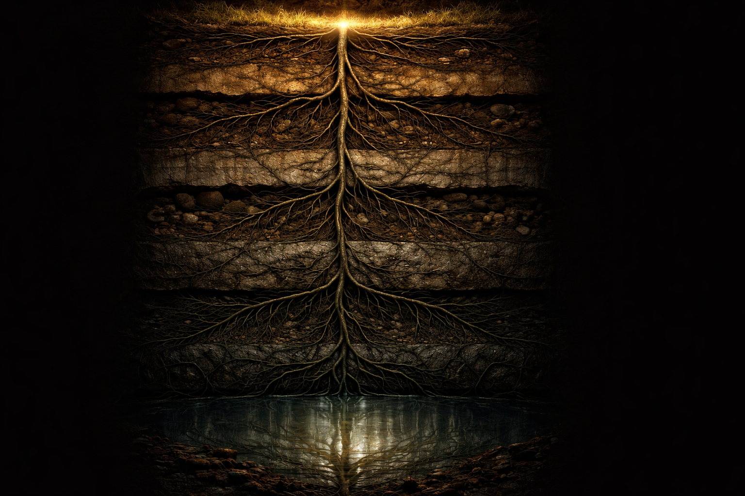 The Attention Stack — Root System Cross-Section with Reflected Depth