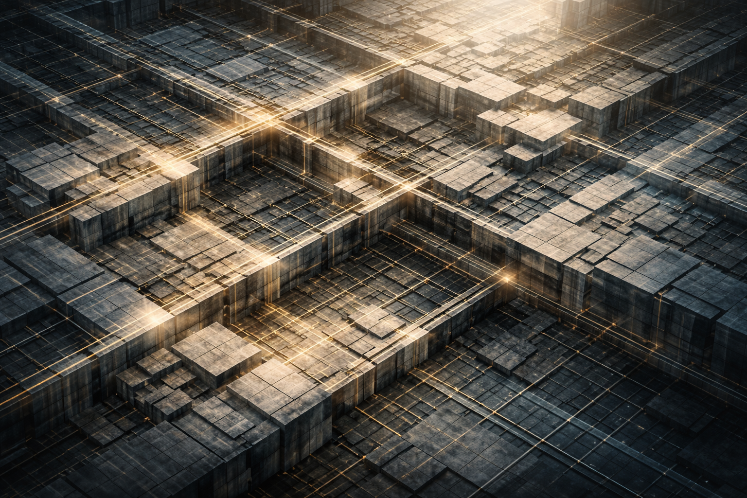 Futuristic cityscape with large interconnected buildings and glowing lines suggesting digital infrastructure.