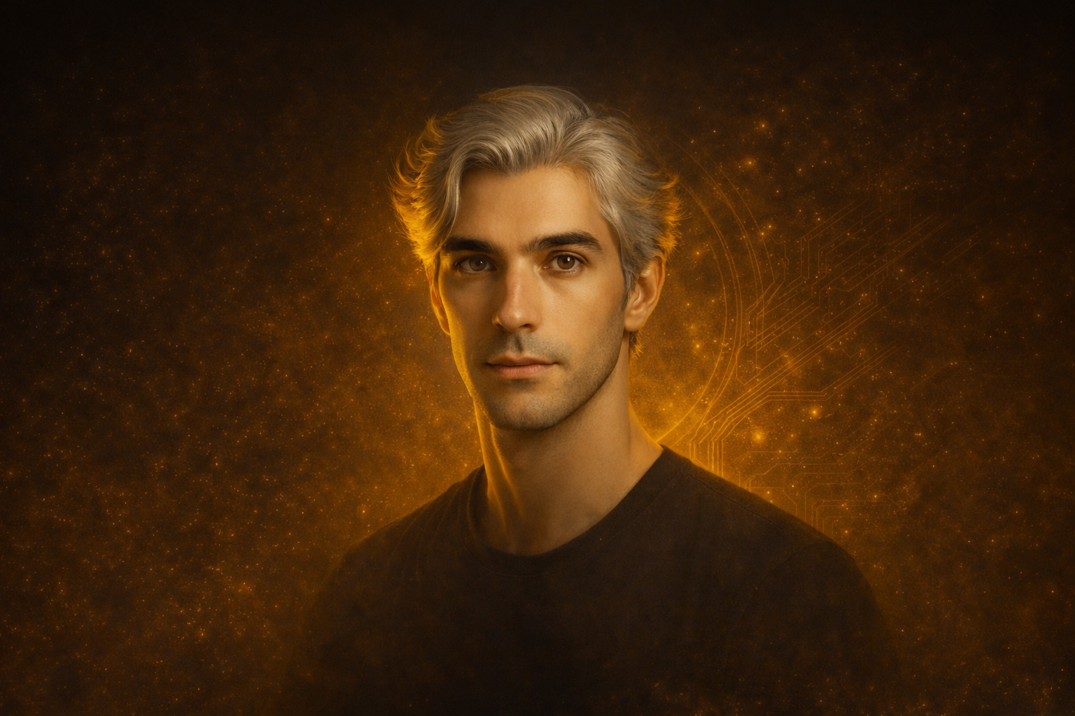 Golden man against amber digital background