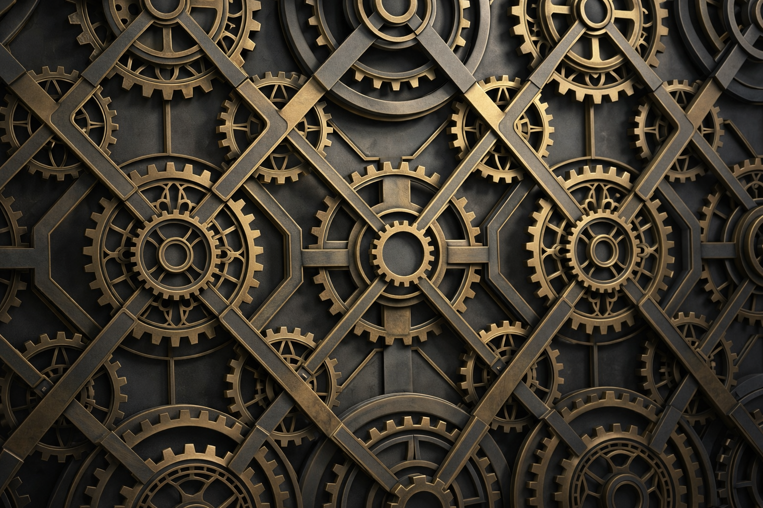 Close-up of a complex arrangement of interconnected brass gears and cogs.