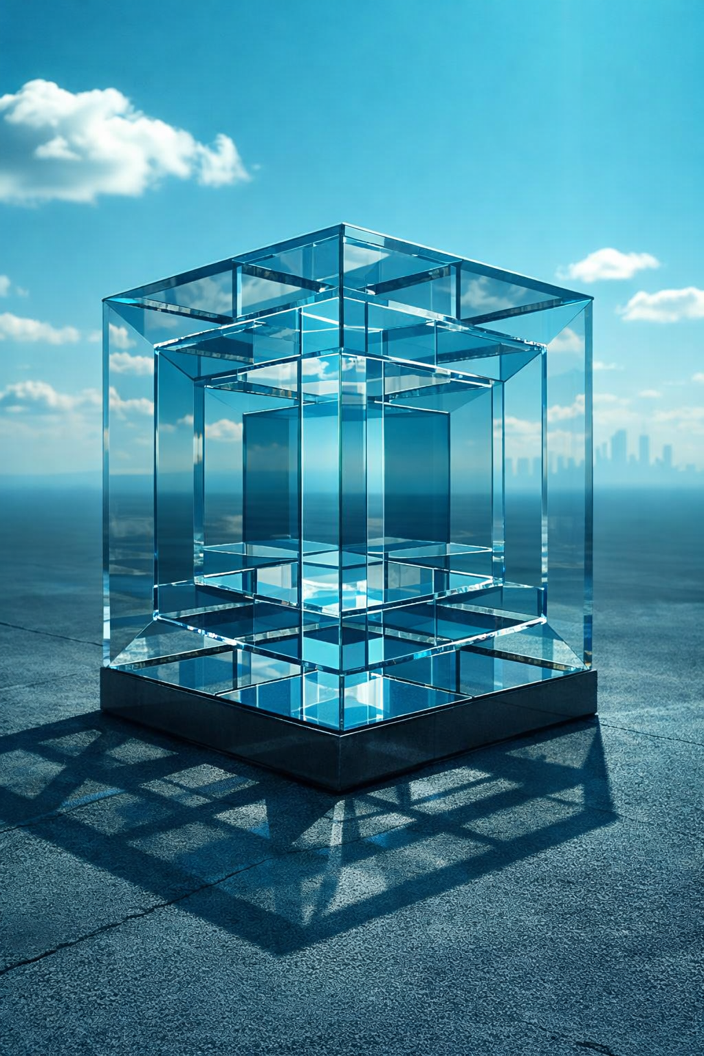 Fourth dimensional hyper cube of glass in front of a city scape with blue shading and clouds