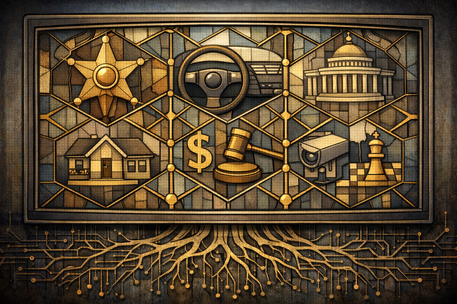 A stylized illustration with icons of a sheriff's badge, car steering wheel, government building, house, dollar sign, gavel, surveillance camera, and king chess piece, connected by network lines and roots at the bottom.